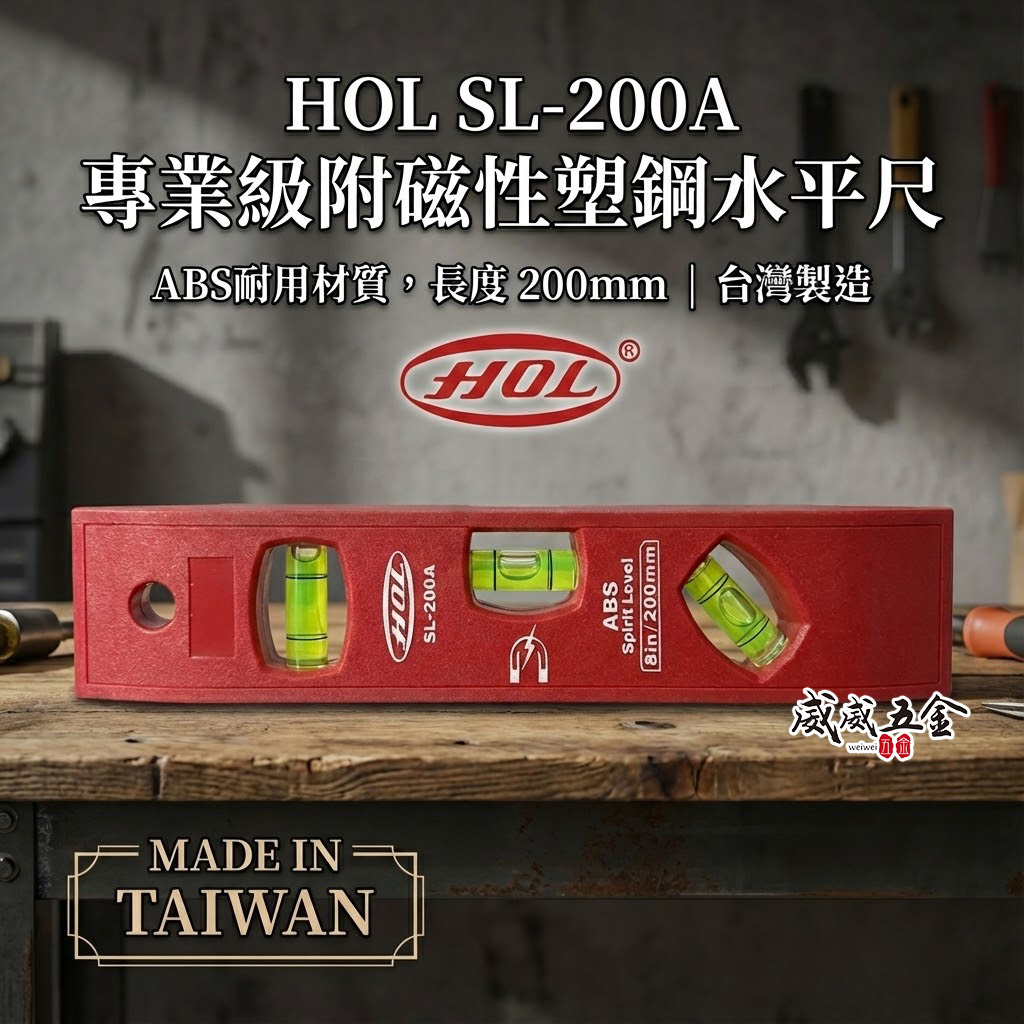 HOL｜8" 水平尺 200mm 附磁性迷你塑鋼水平尺 小水平 8"｜三氣泡量尺｜磁鐵吸附紅色ABS材質｜SL-200A