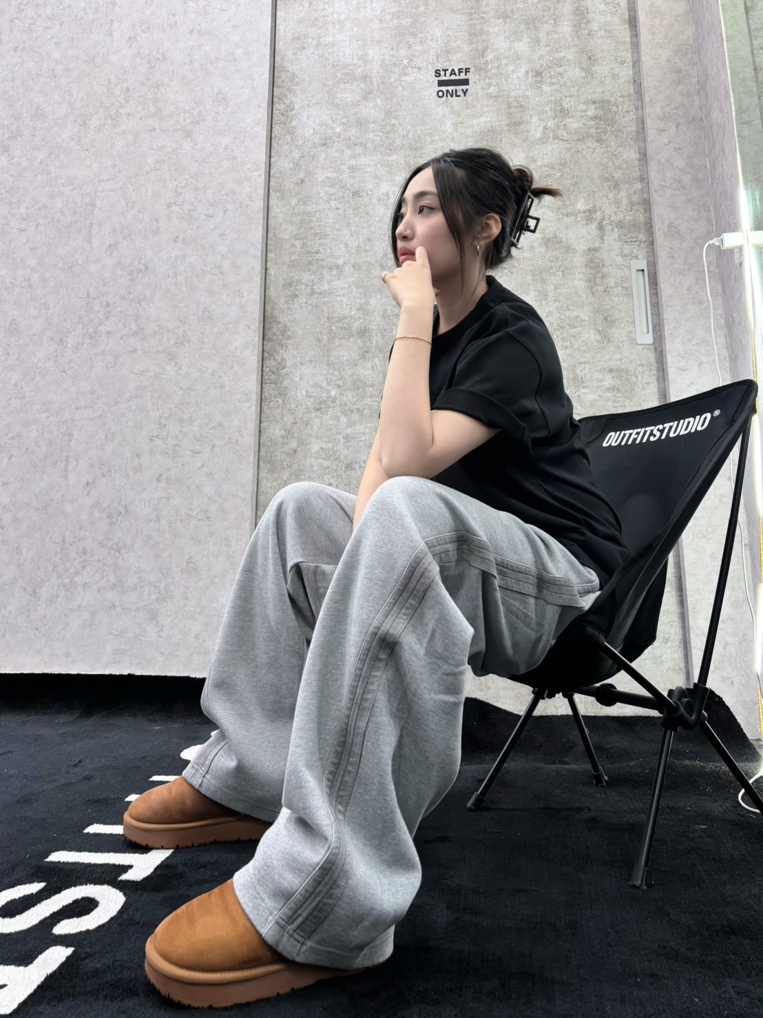 洗舊側條紋重磅寬鬆棉褲