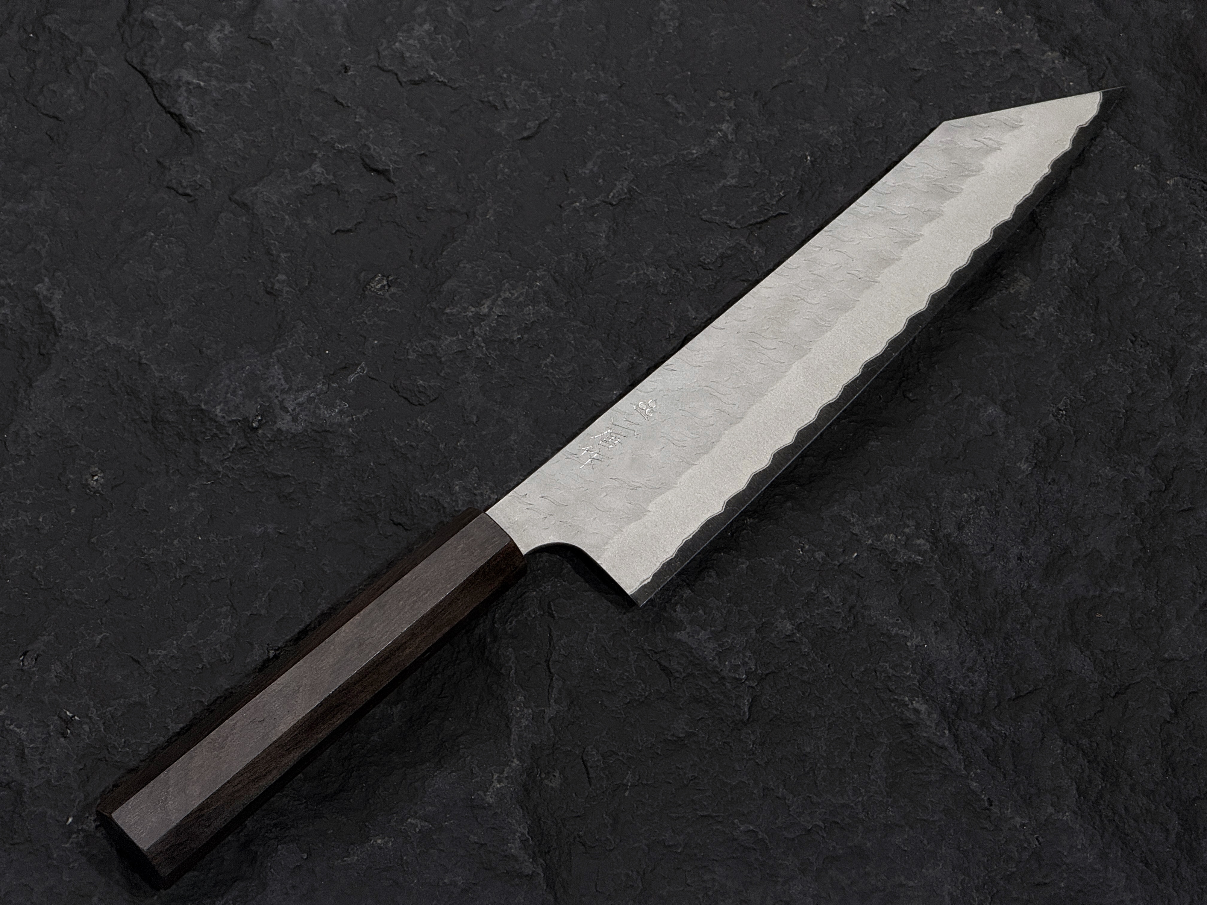 二唐刃物 超青鋼 不鏽鋼割込 槌目 切付牛刀 黑檀柄