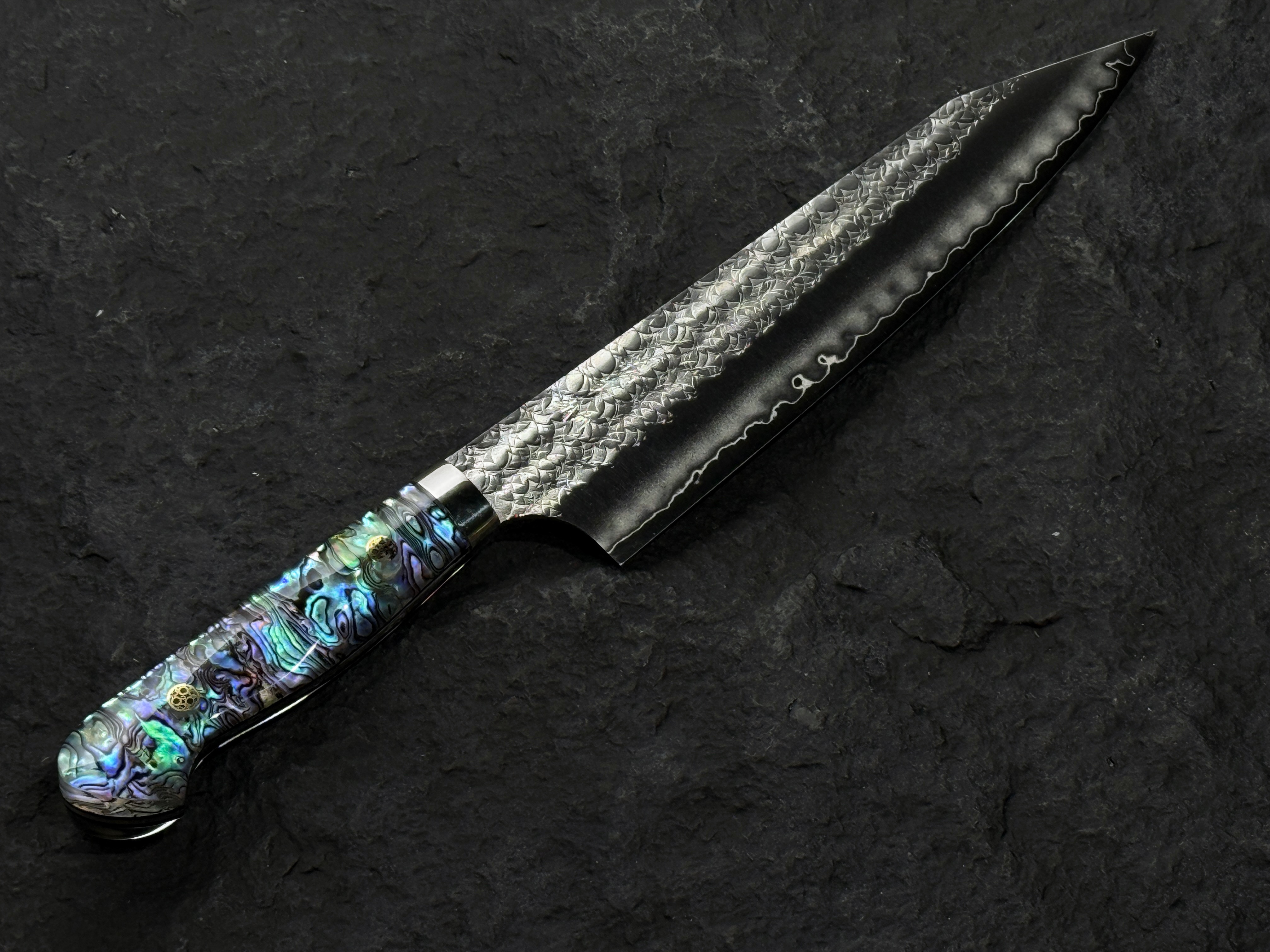 加藤義実 SG2 粉末鋼 水面 槌目 切付牛刀 洋式 鮑螺鈿柄