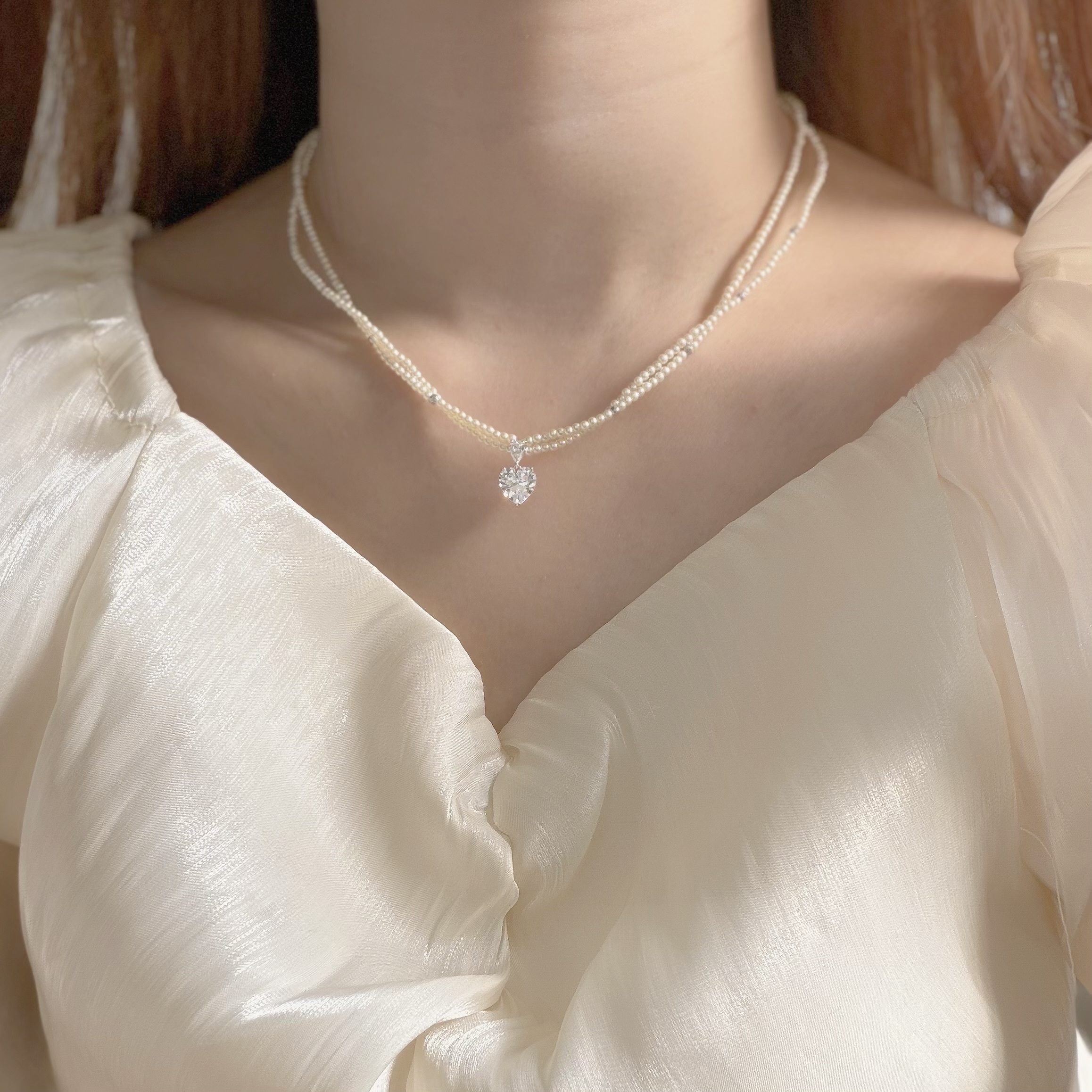 K121鋯石愛心雙層珍珠頸鏈