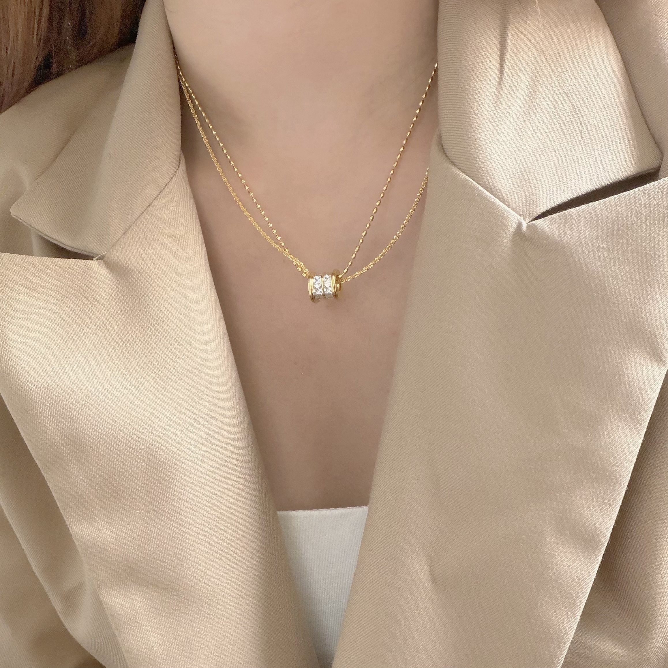 K120雙排鋯石圓環雙層頸鏈