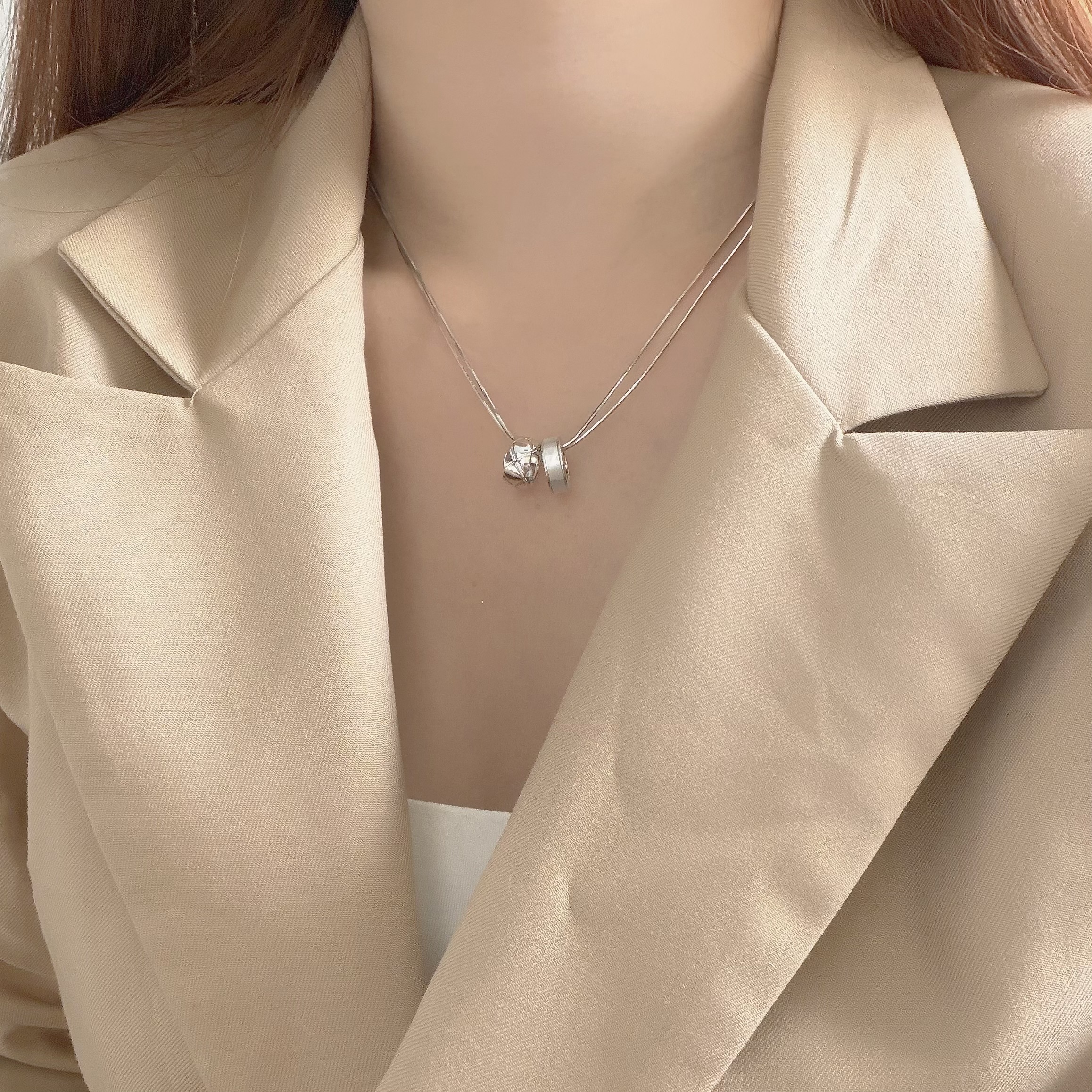 K119貝殼菱格紋圓環雙層頸鏈