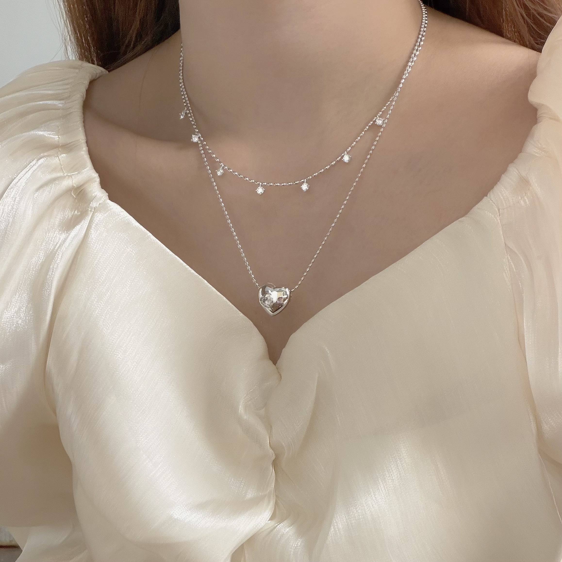 K116分布式單鑽立體愛心雙層頸鏈