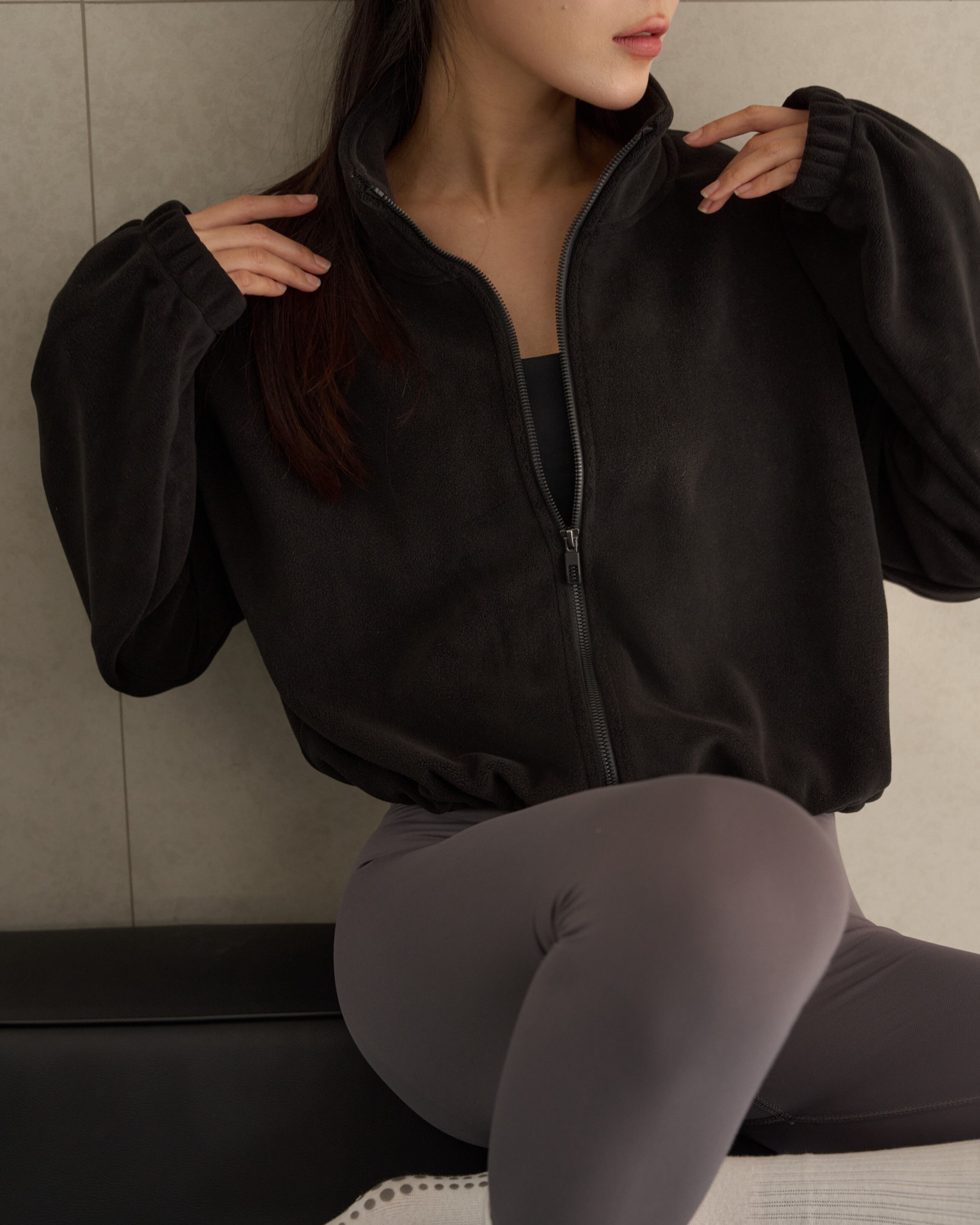 CUSH羊羔絨拉鍊抽繩外套-黑