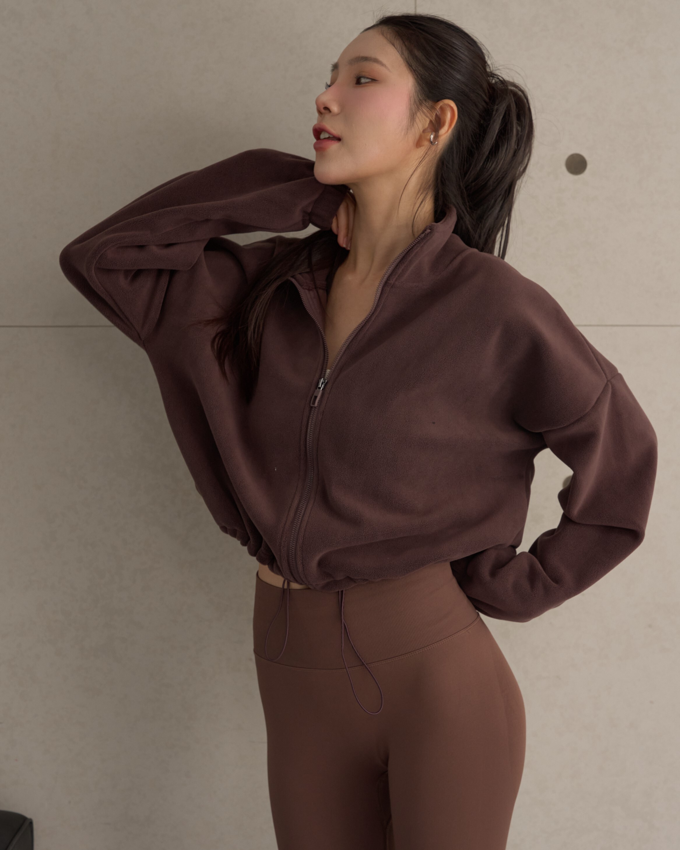 CUSH羊羔絨拉鍊抽繩外套-咖