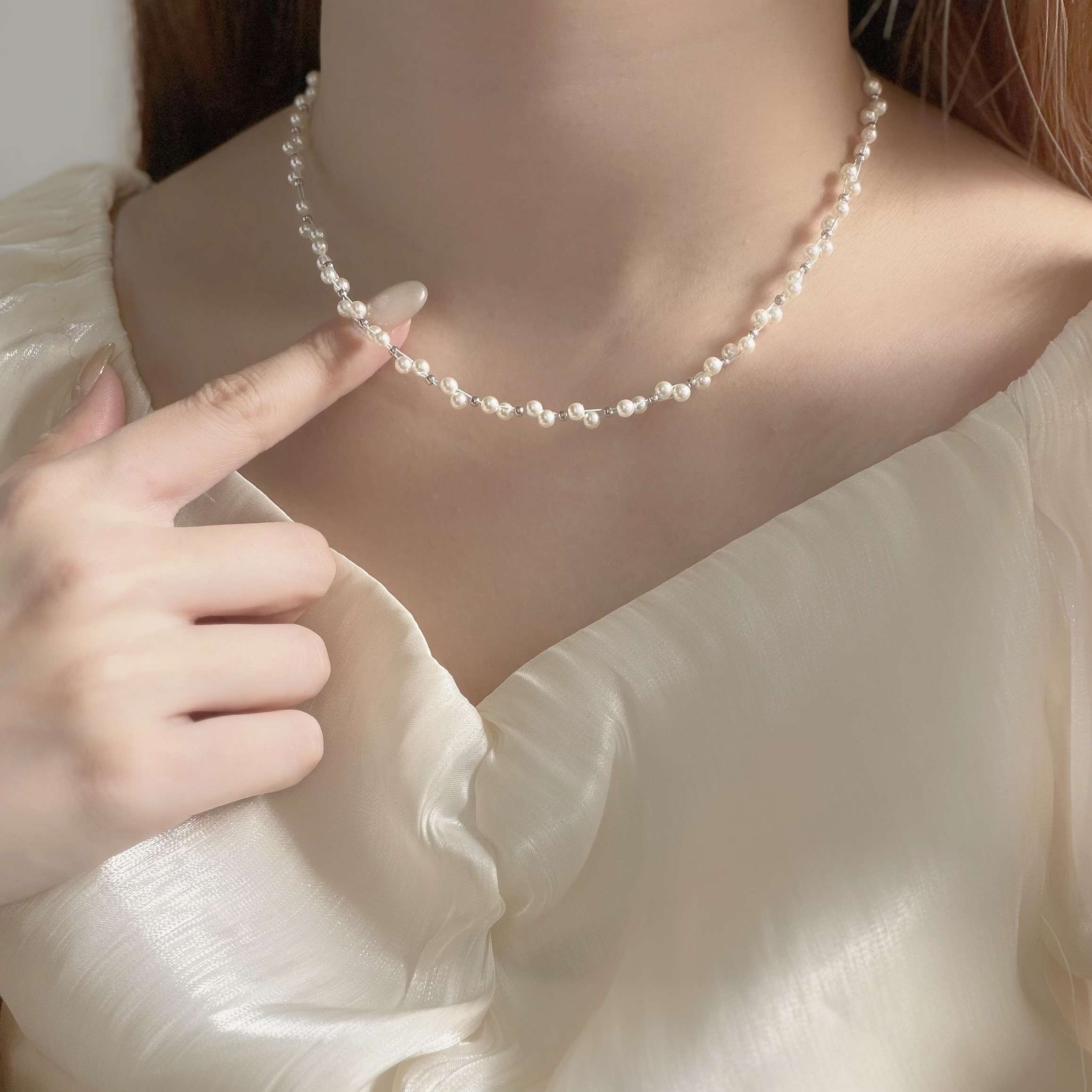 K111圓珠珍珠繞線頸鏈