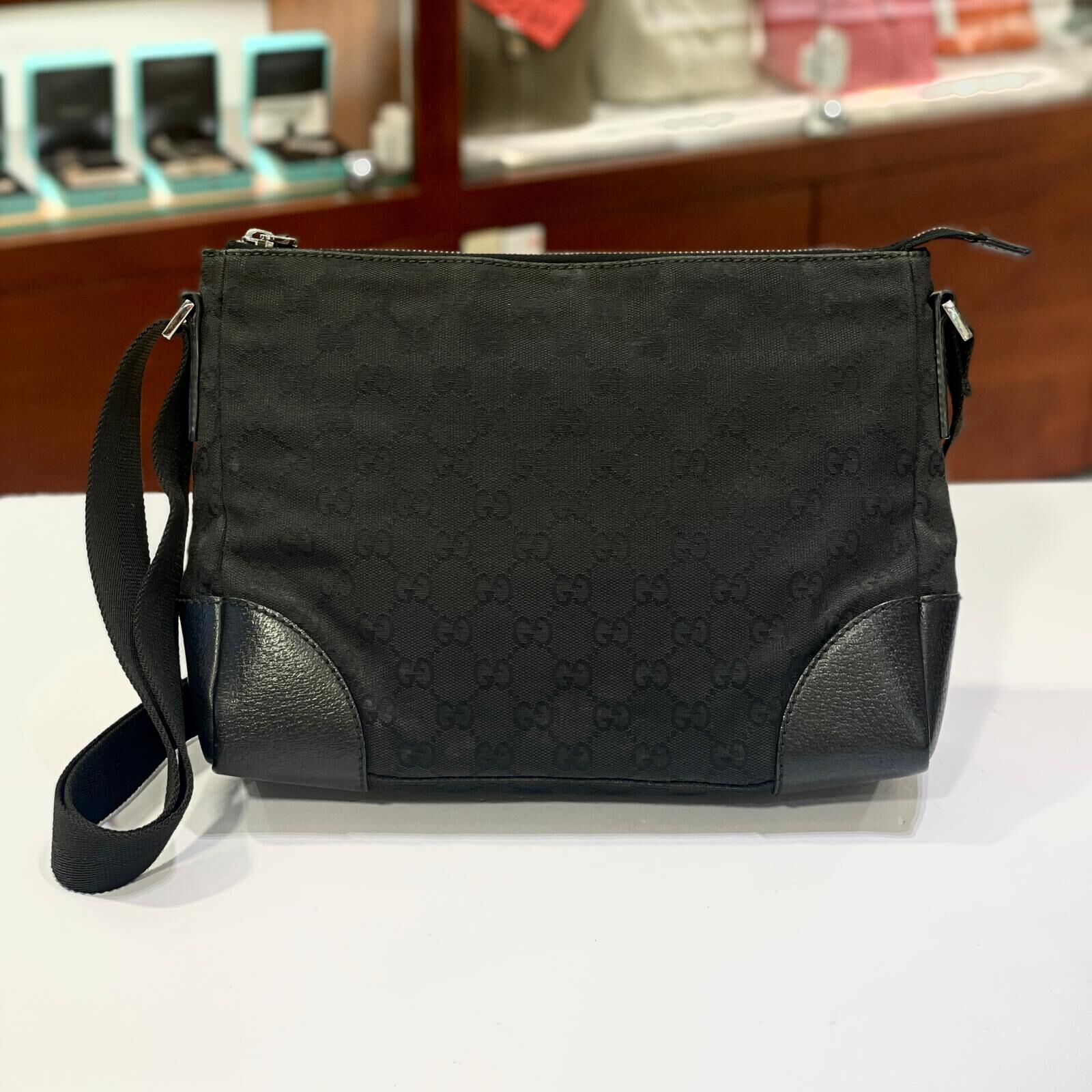 90%NEW二手GUCCI 斜背包, 黑色帆布牛皮  古馳斜揹袋 #男女同款 #香榭站正品