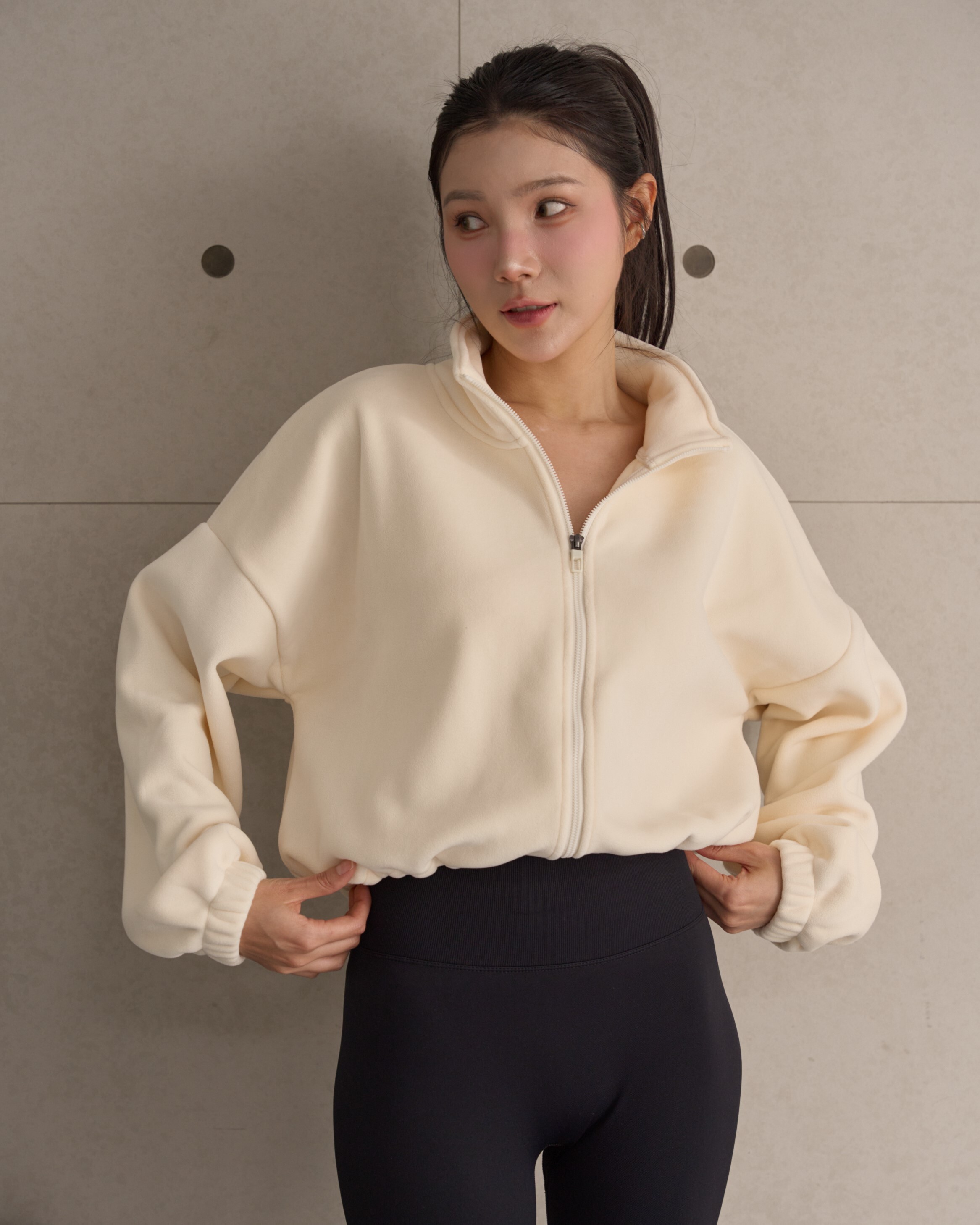 CUSH羊羔絨拉鍊抽繩外套-奶黃