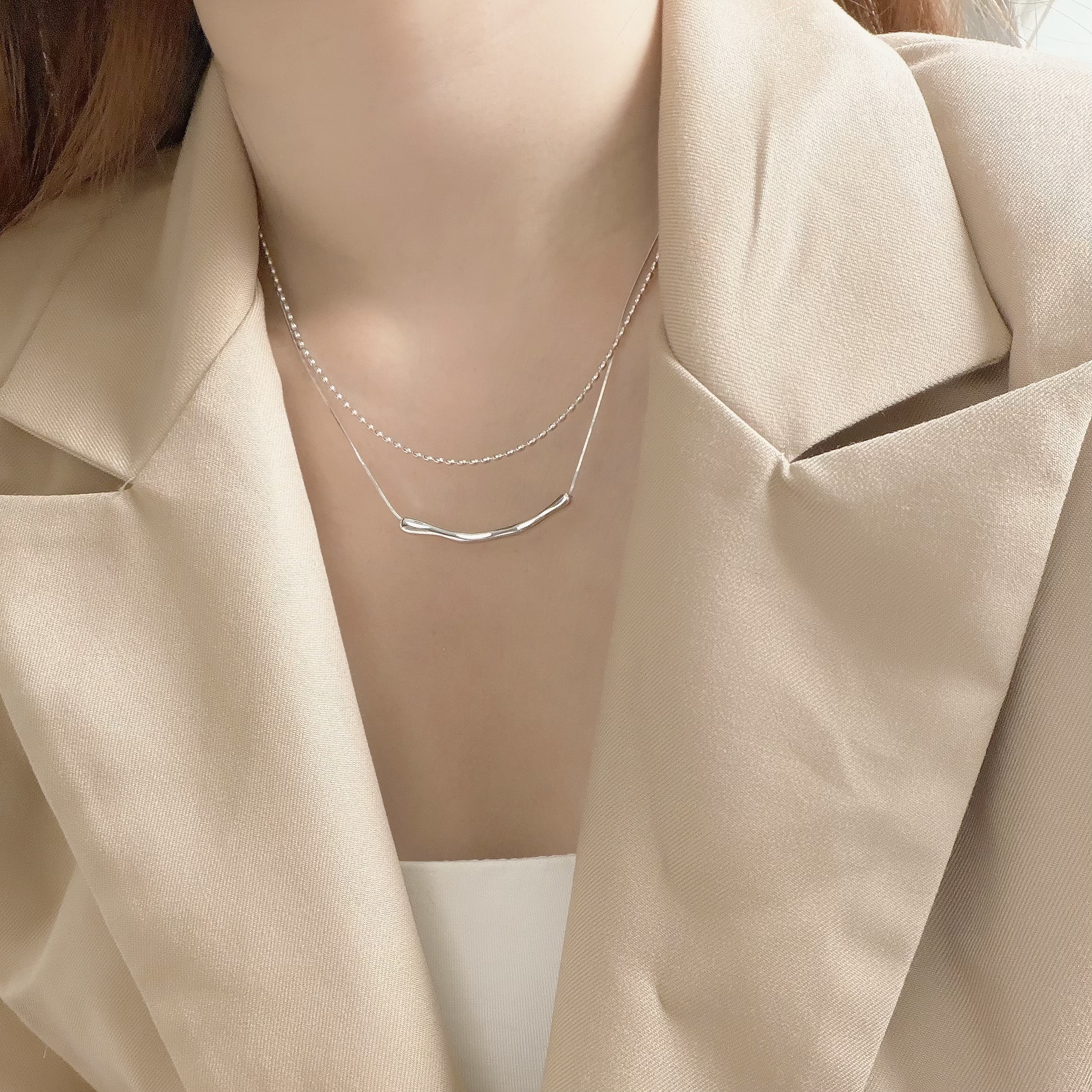 K107圓珠銀管微笑雙層頸鏈