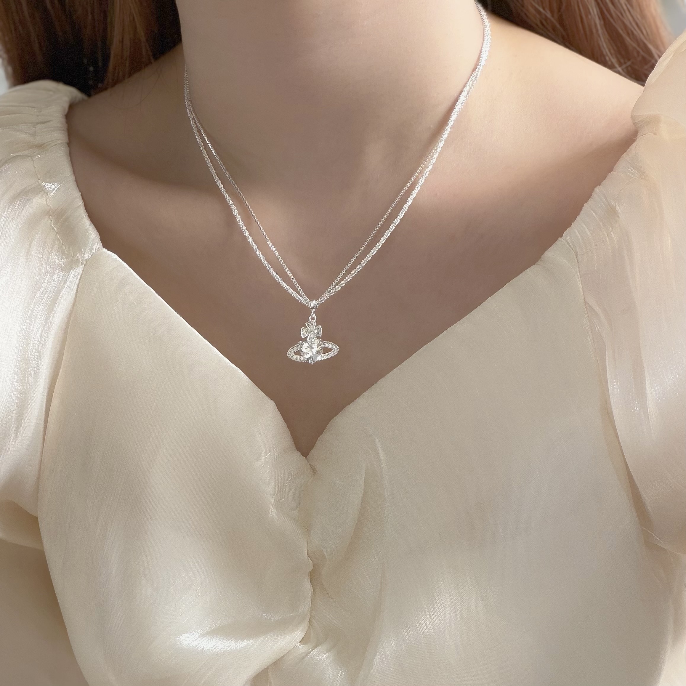 K102波光粼粼雙層滿鑽愛心星球頸鏈