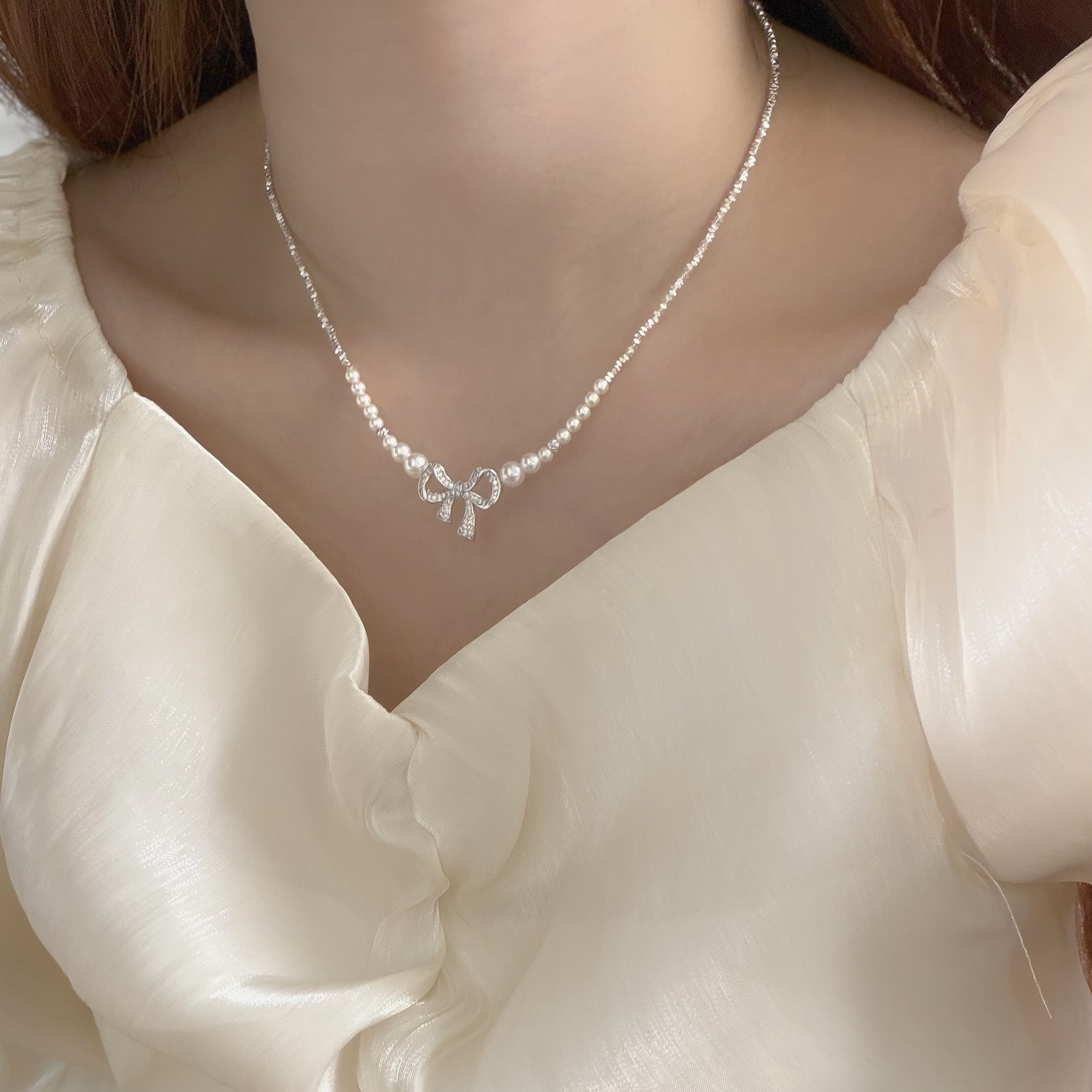 K101碎銀珍珠滿鑽蝴蝶結頸鏈