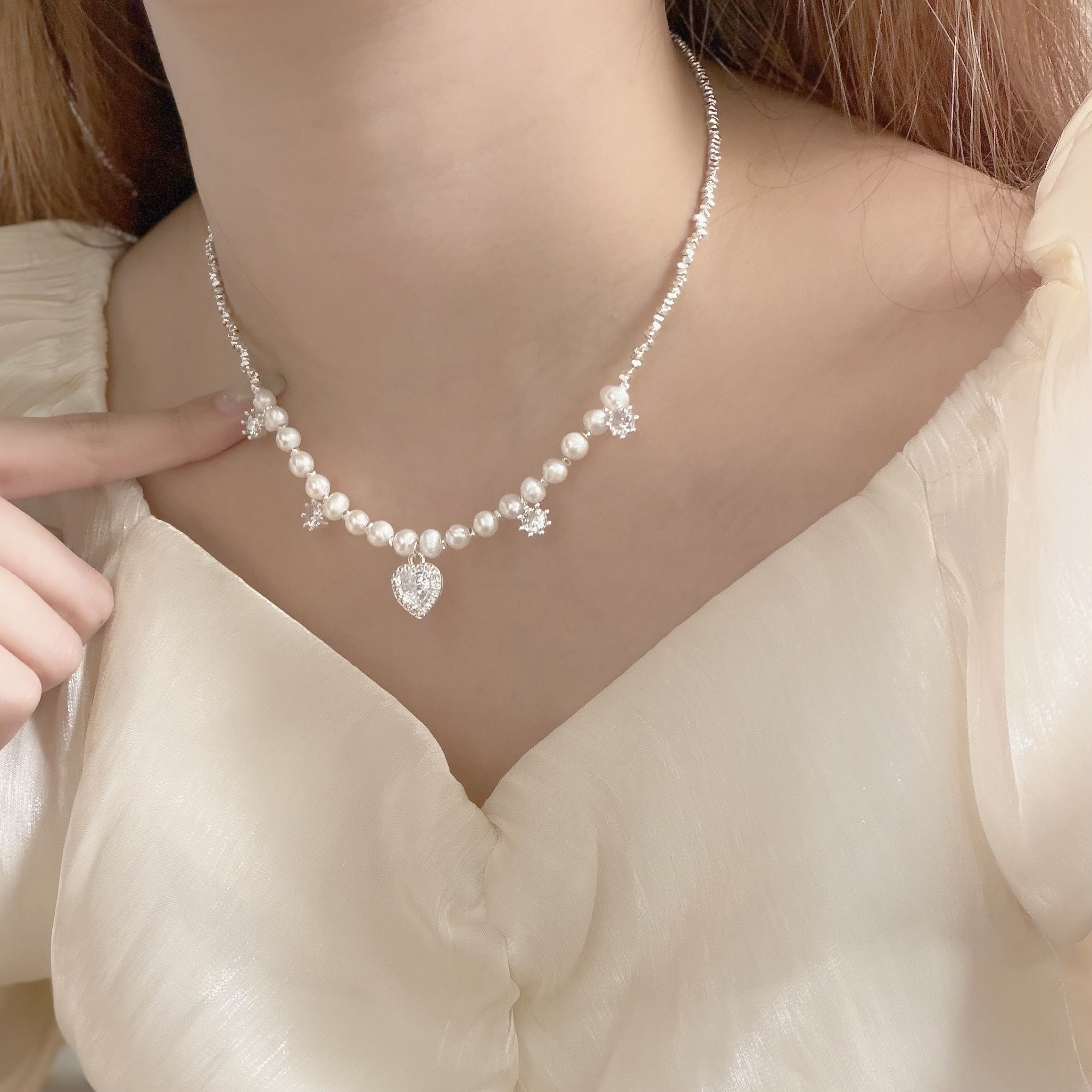 K96碎銀珍珠排鑽愛心頸鏈