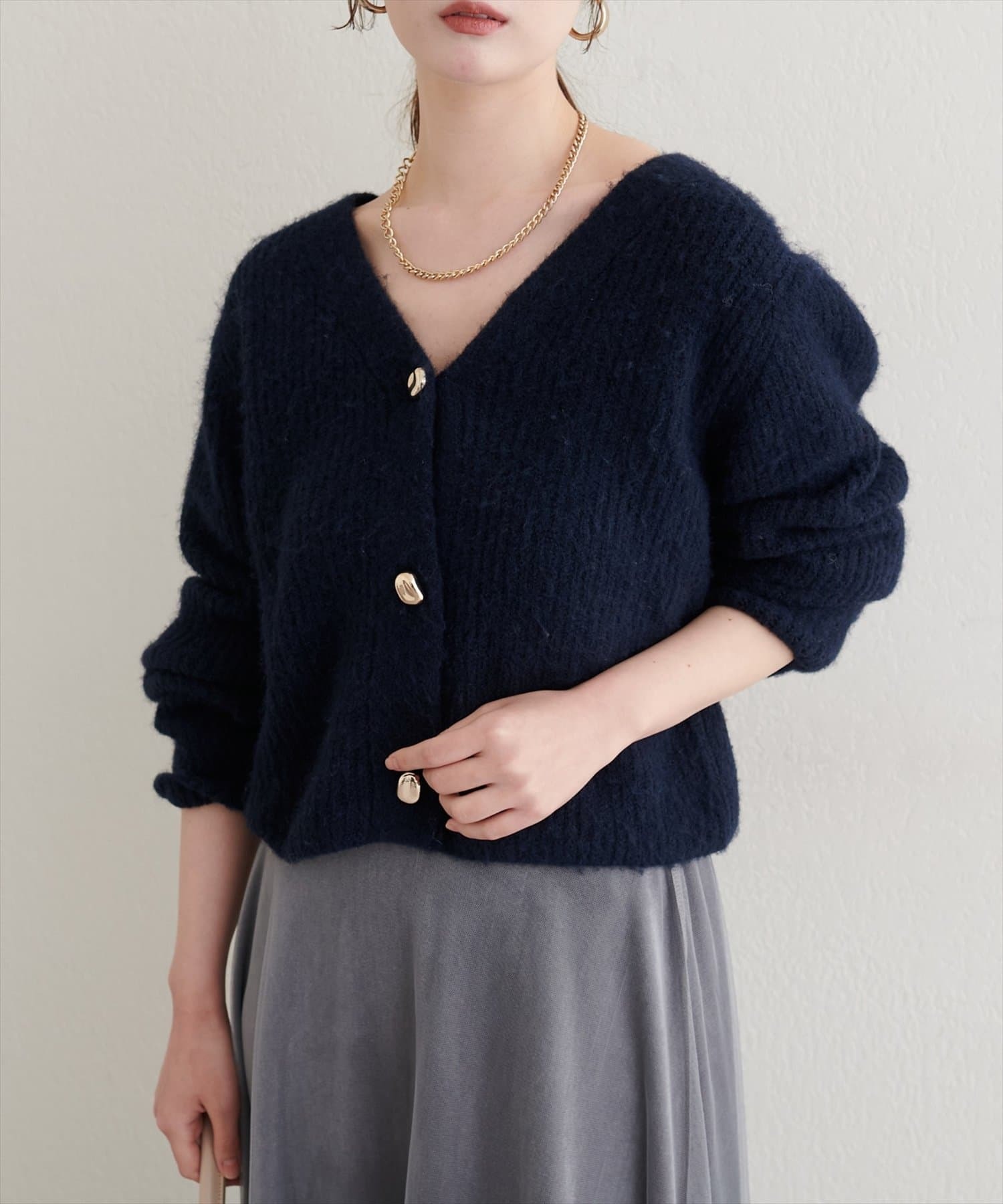 natural couture(ナチュラルクチュール)  【WEB限定】ウール混片畦編みニットカーディガン深藍（0352050200）