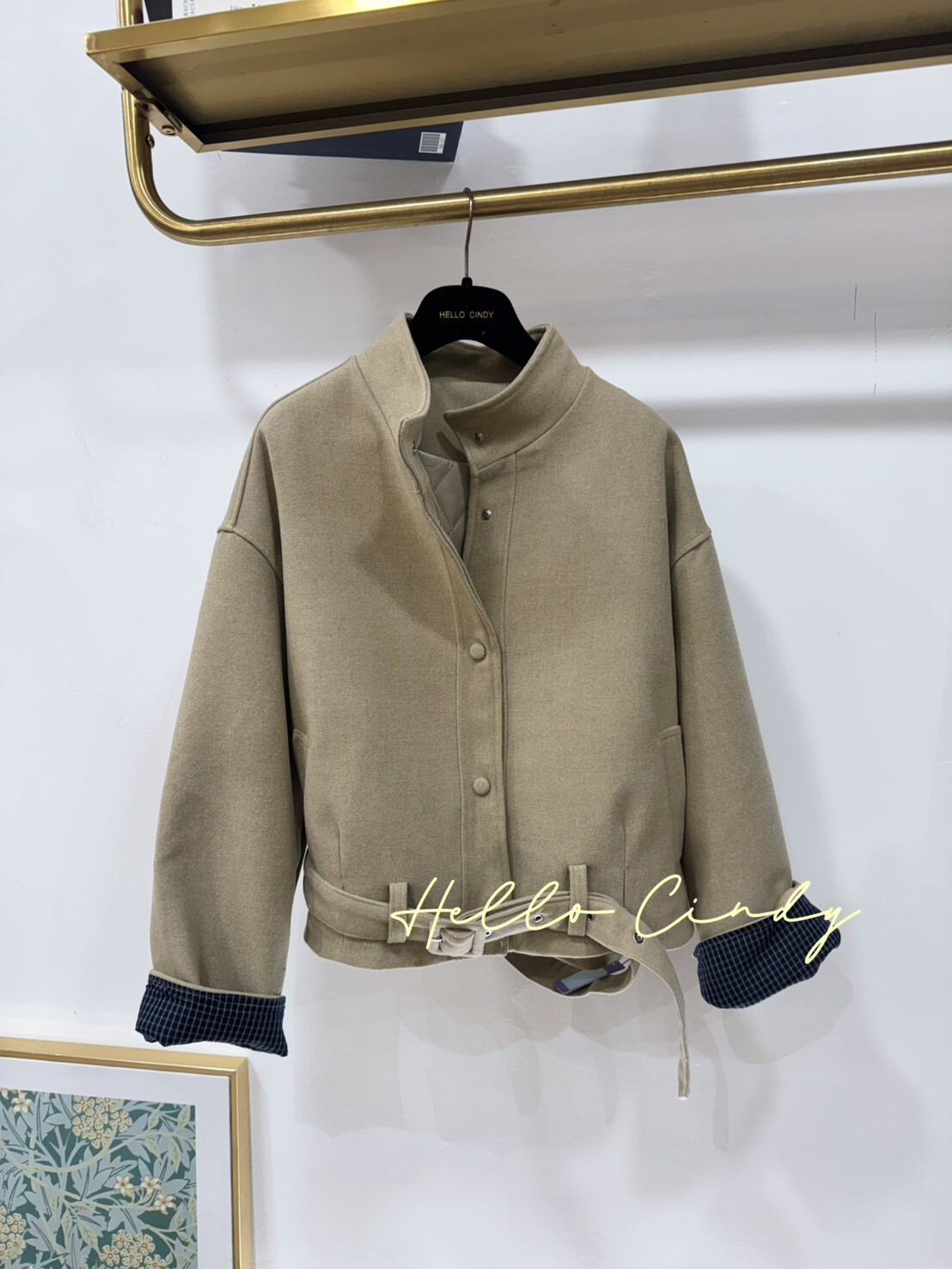 B11149 版型很好的氣質米色小立領格紋反折袖騎士毛呢外套