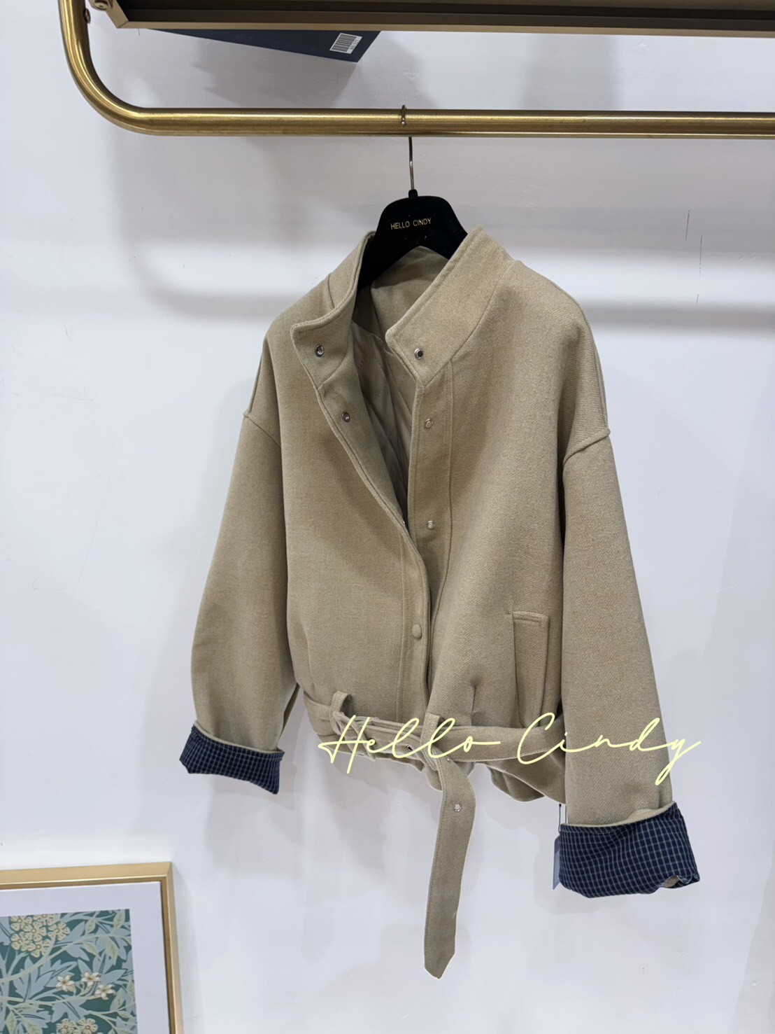 B11149 版型很好的氣質米色小立領格紋反折袖騎士毛呢外套