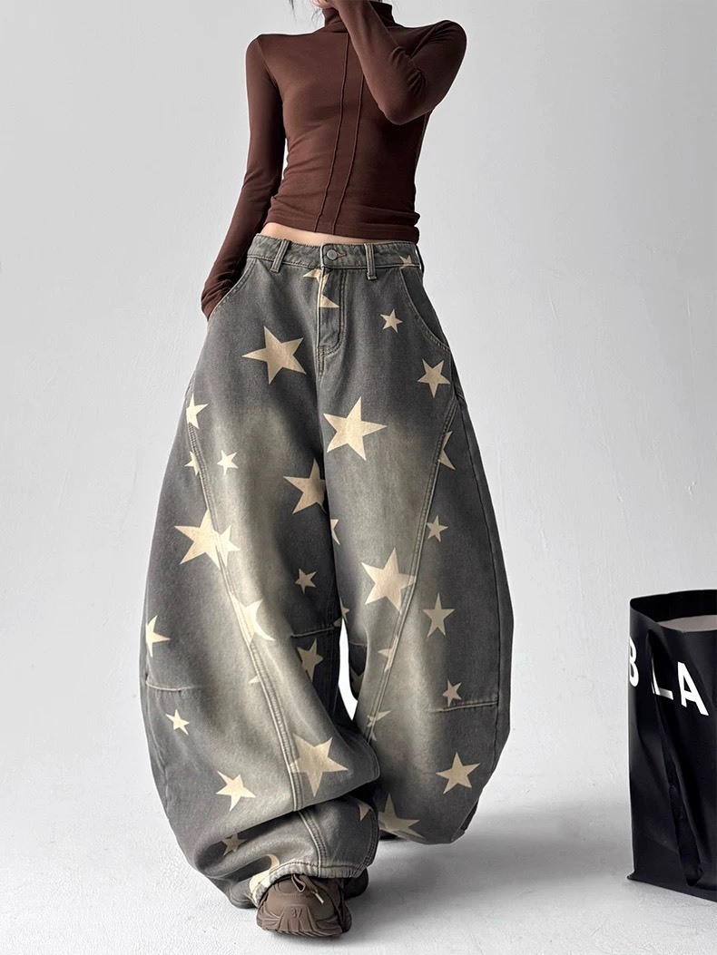 《S.V》滿版星復古色牛仔寬褲