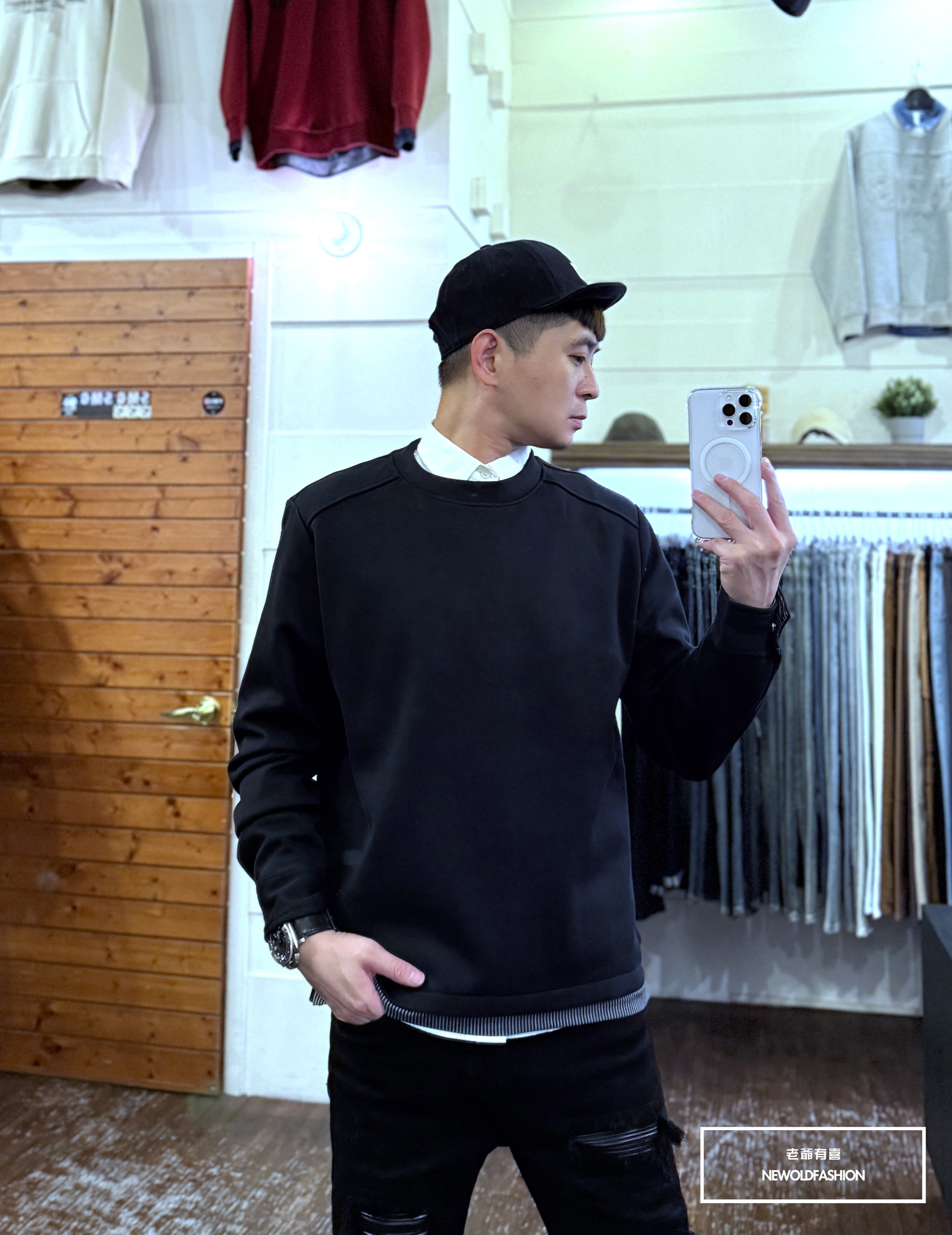 『新品上市』重磅撞色條紋拼接刷毛大學T(NOF2511Z6010)-黑