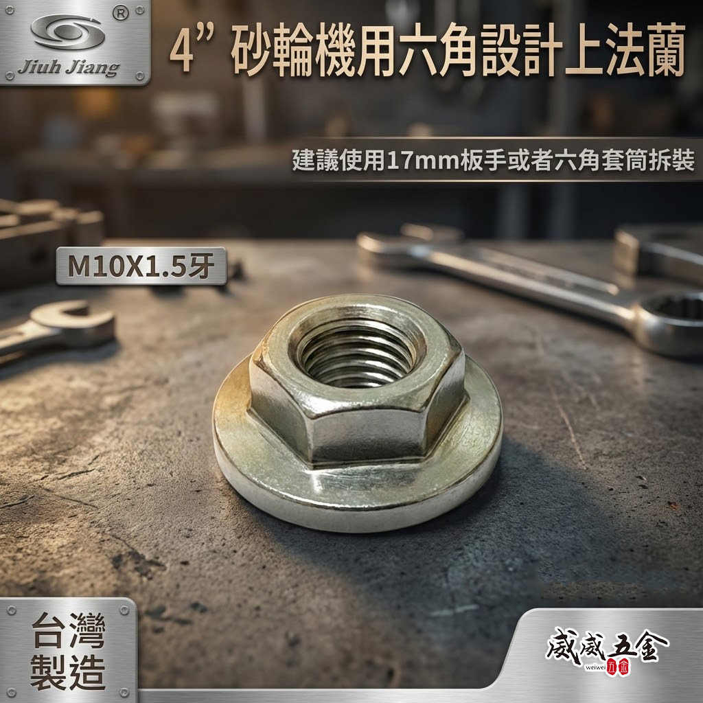 巨匠｜4" M10牙砂輪機專用六角型法蘭 上法蘭｜不鏽鋼六角螺母 壓片 華司螺帽 17mm板手用墊片｜台灣製