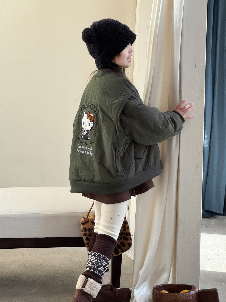 刺繡小貓加絨加厚豹紋棒球外套