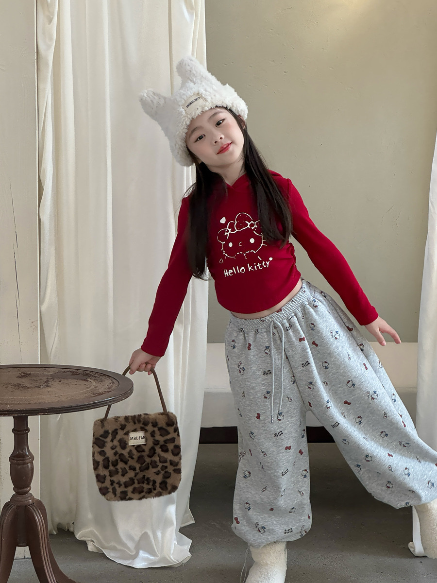 淺灰小貓加絨縮口褲