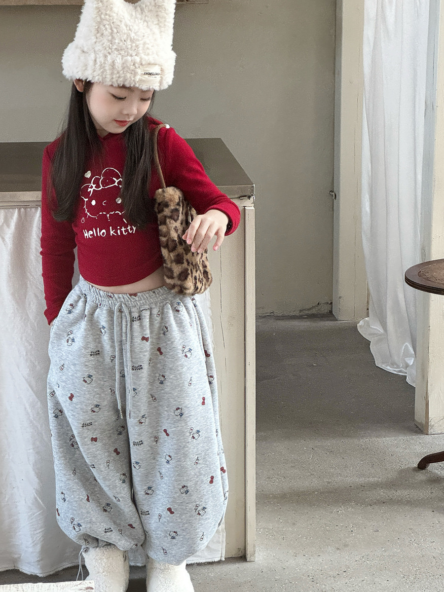 淺灰小貓加絨縮口褲