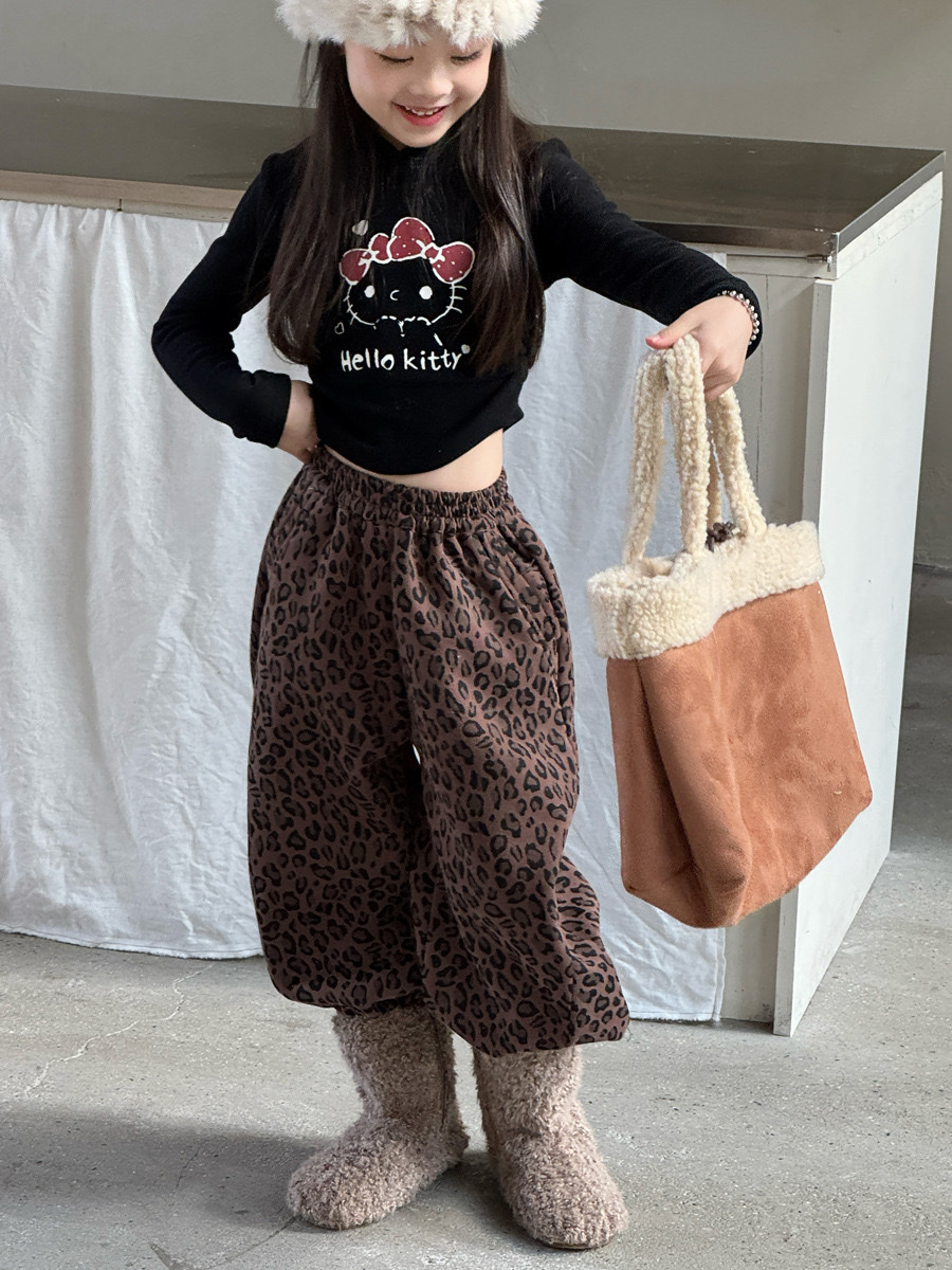 時髦豹紋加絨長褲