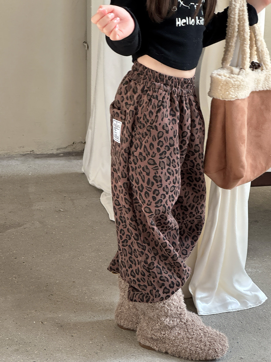 時髦豹紋加絨長褲