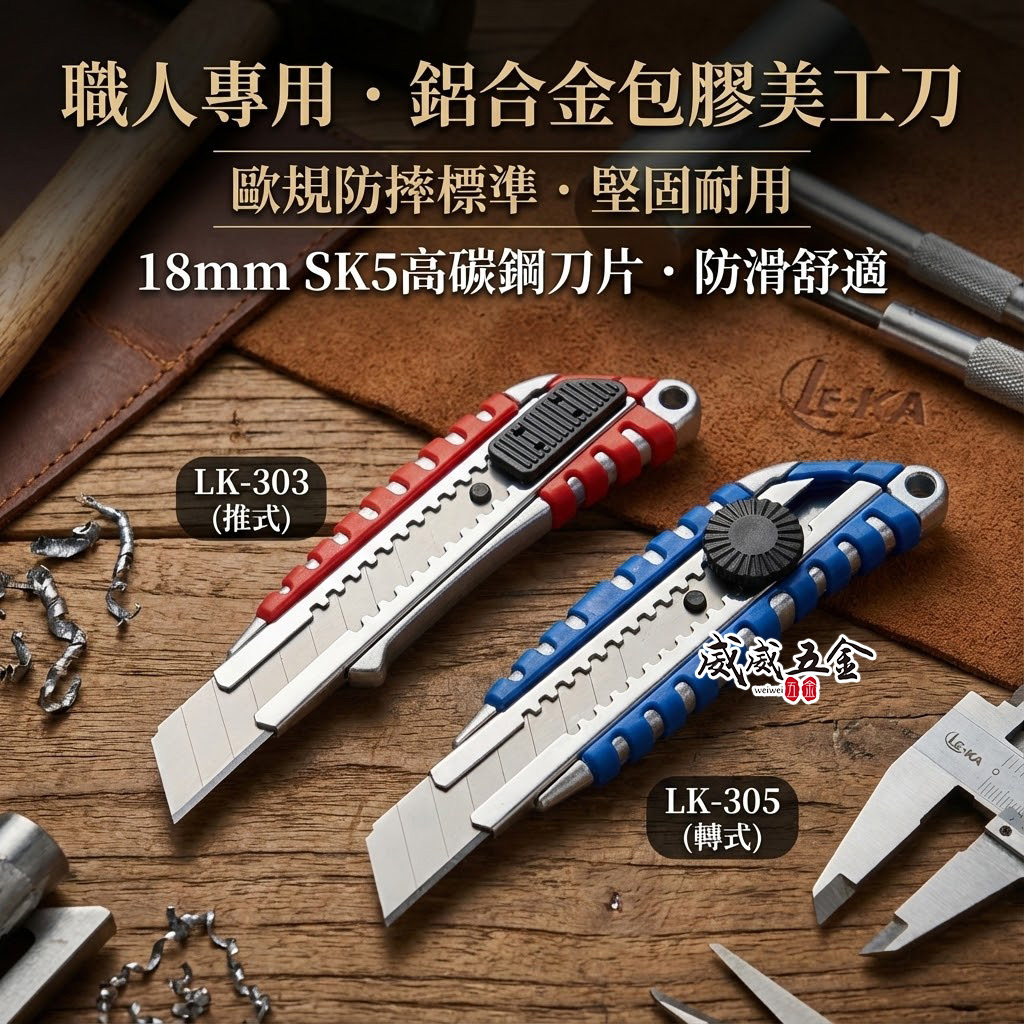 LE-KA｜旋轉式/推式 鋁合金屬包膠握柄美工刀 寬18mm刀片 銀色刀刃 膠柄切割刀｜LK-303｜LK-305