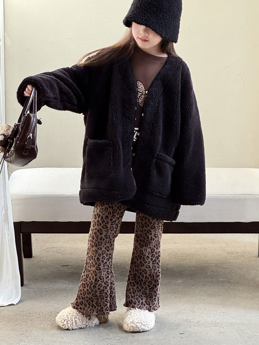 時髦豹紋加絨喇叭褲