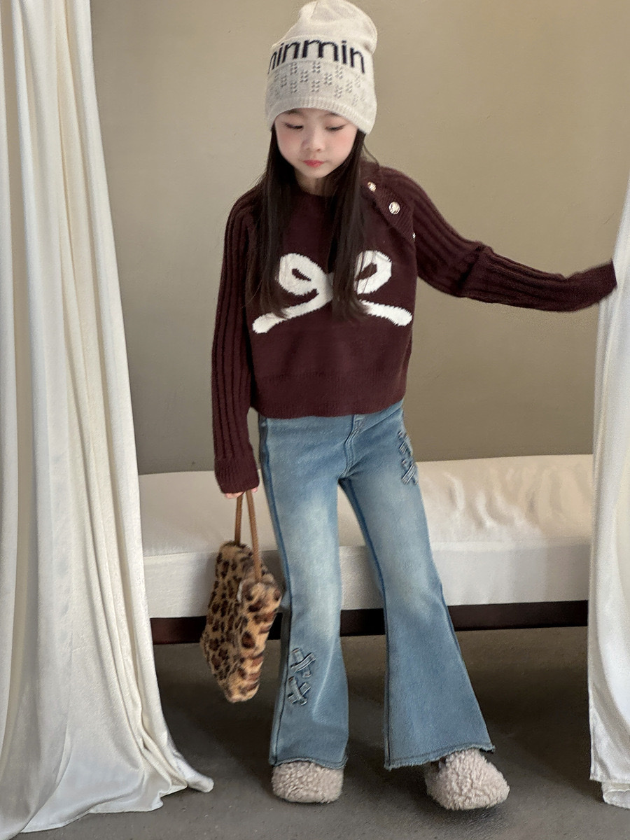 刷白牛仔修身加絨喇叭褲