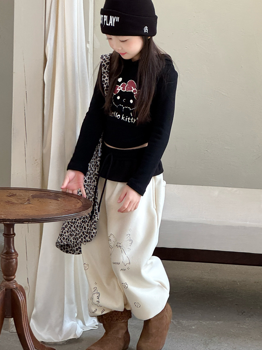 兩色花邊加絨蝴蝶結寬褲