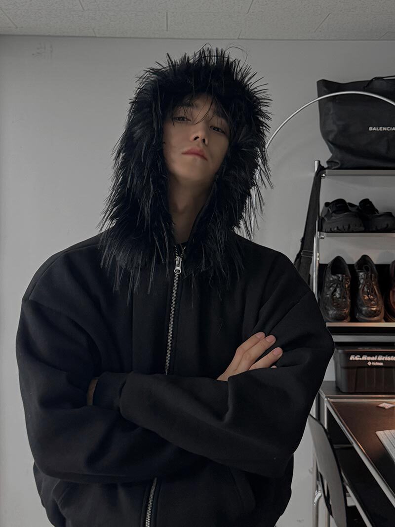 可拆式毛領連帽拉鍊外套