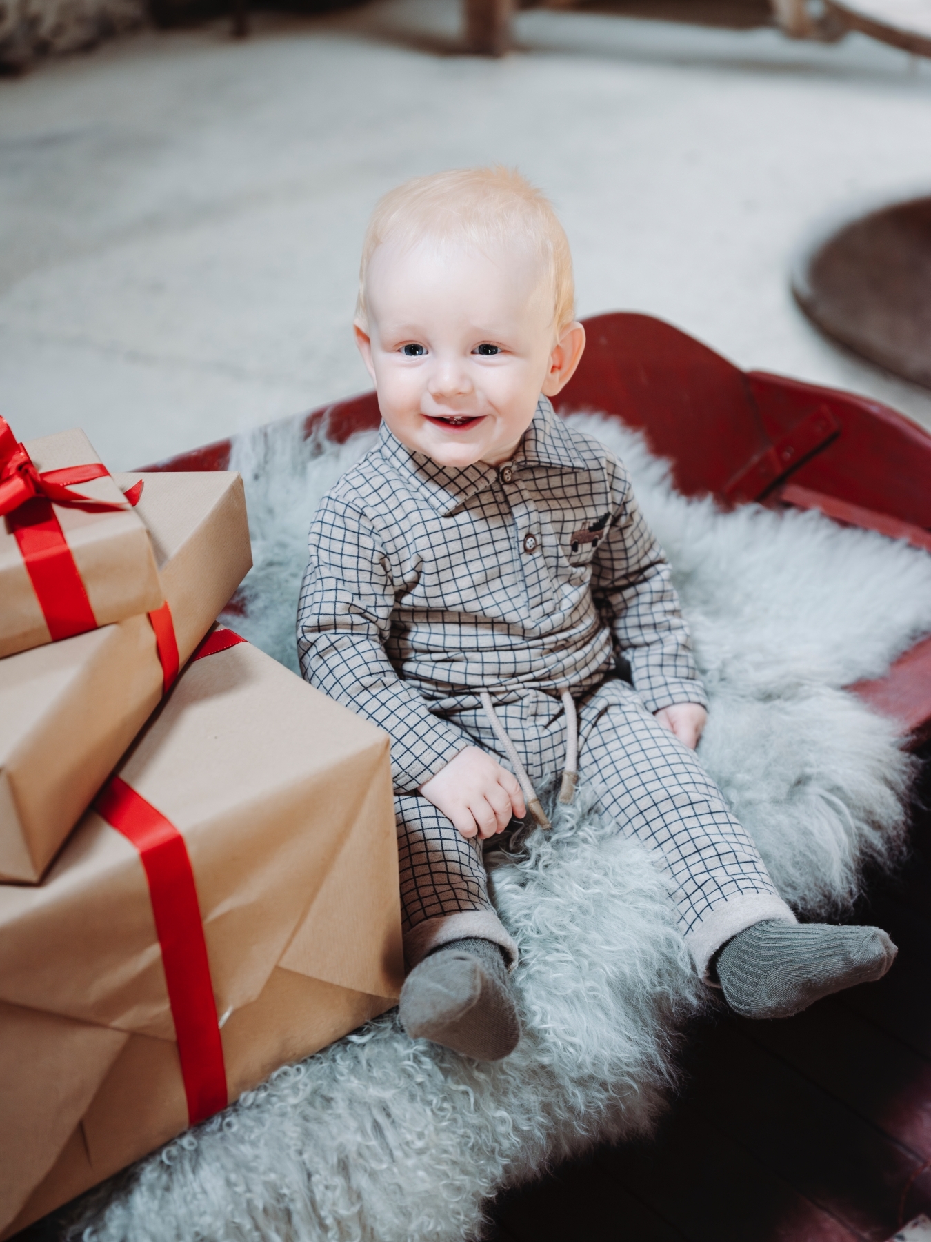 〖 Hust & Claire 〗淺咖格紋寶寶長褲