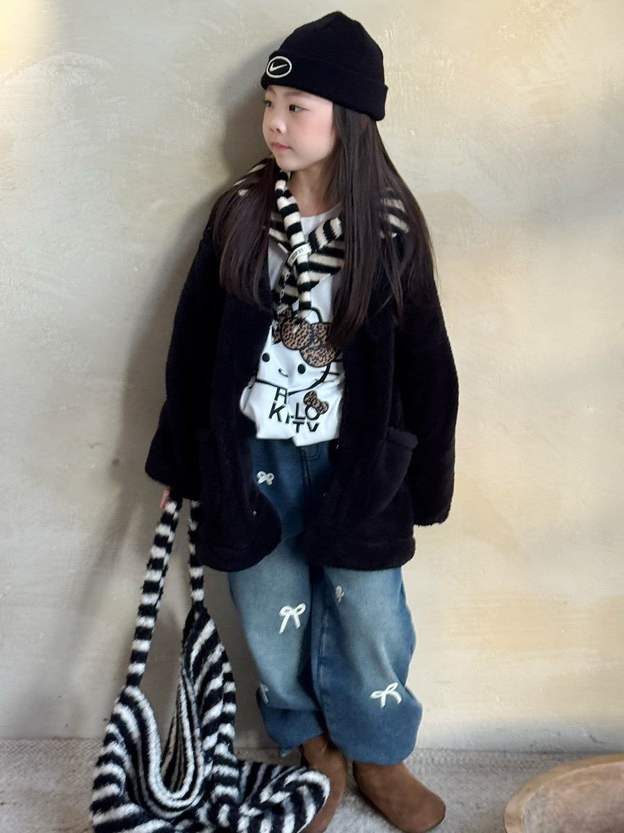 深藍色加絨滿版蝴蝶結長褲