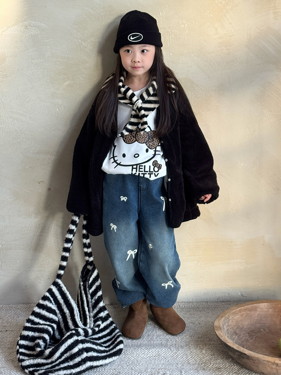 深藍色加絨滿版蝴蝶結長褲