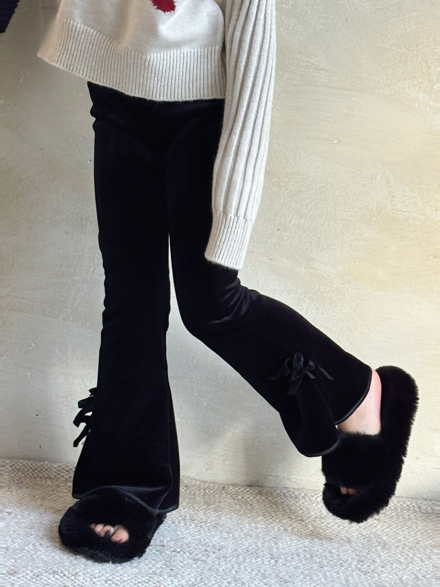 加絨蝴蝶結絲絨喇叭褲