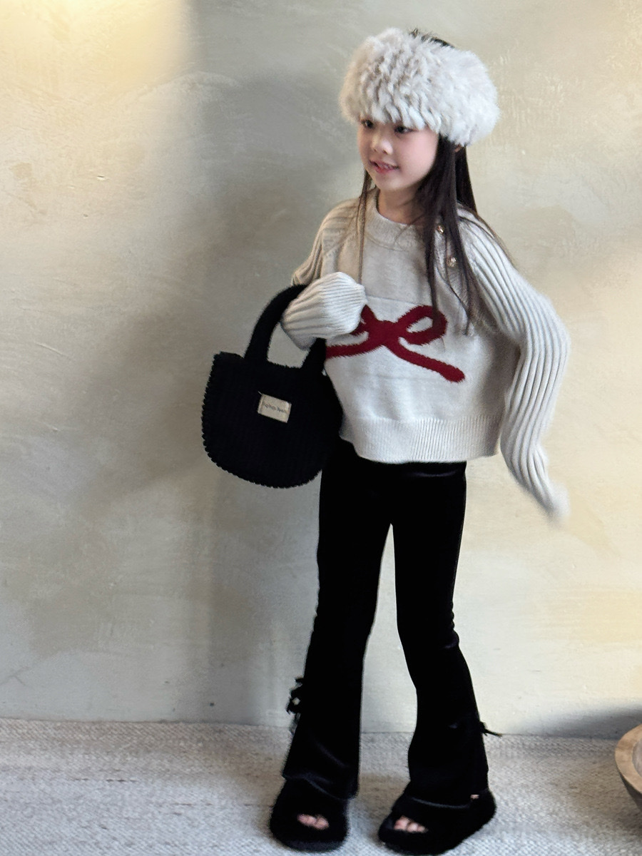 加絨蝴蝶結絲絨喇叭褲