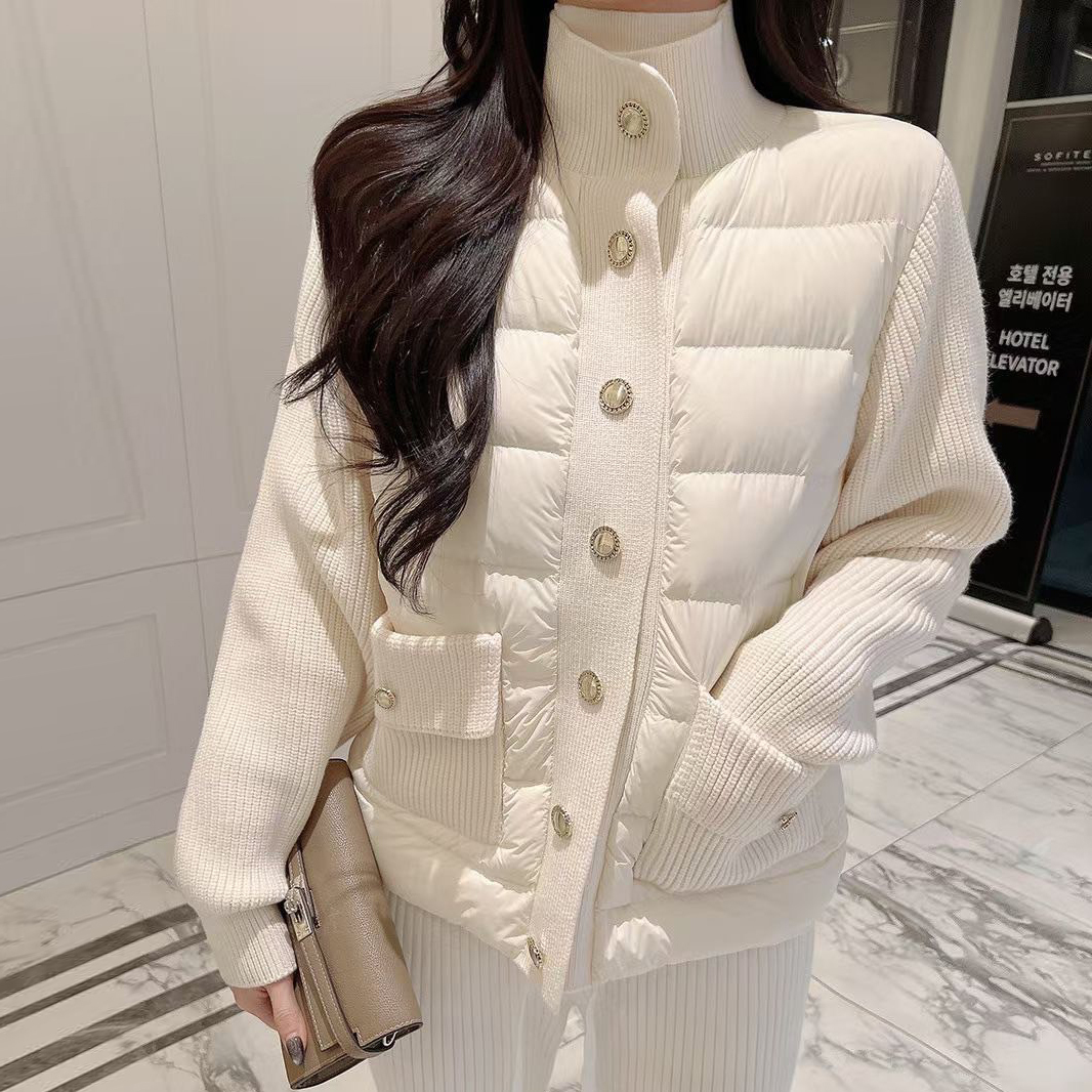 優雅氣息排釦立領螺紋拼接鋪棉外套 / 2色