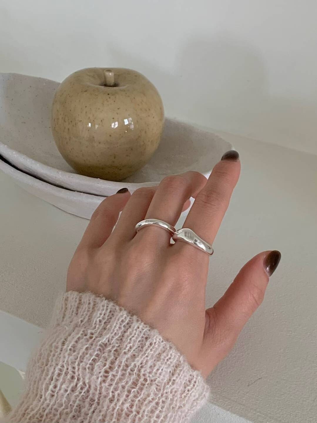 質感銀不規則寬戒+可調整細戒SET