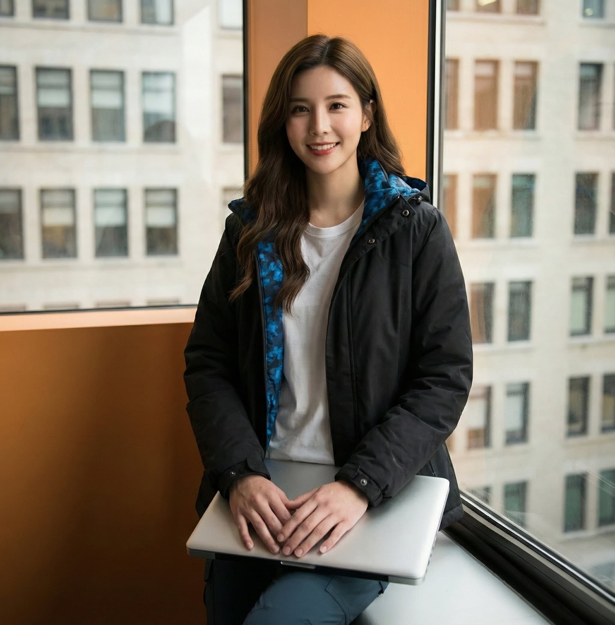 模特兒小雷在明亮的辦公室穿著輕機能外套，氣質優雅