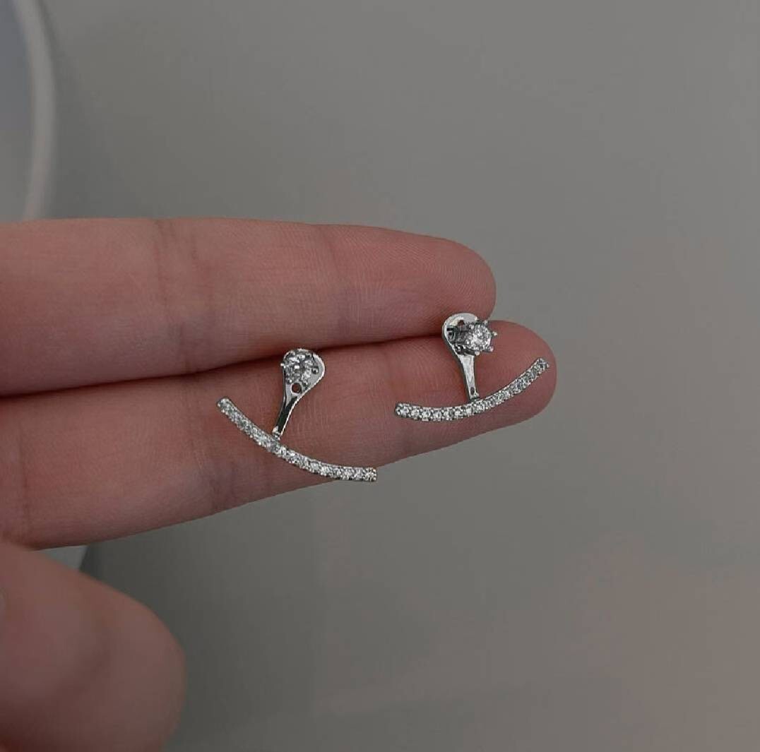 質感銀耳垂微笑線單鑽造型耳環
