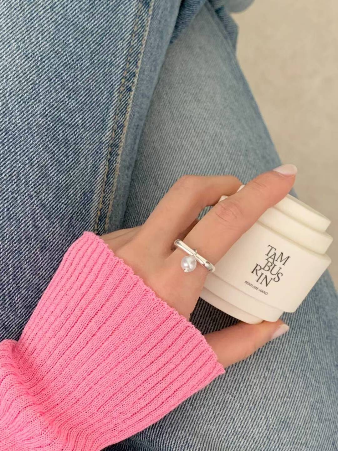 質感銀單顆垂墜珍珠造型戒指