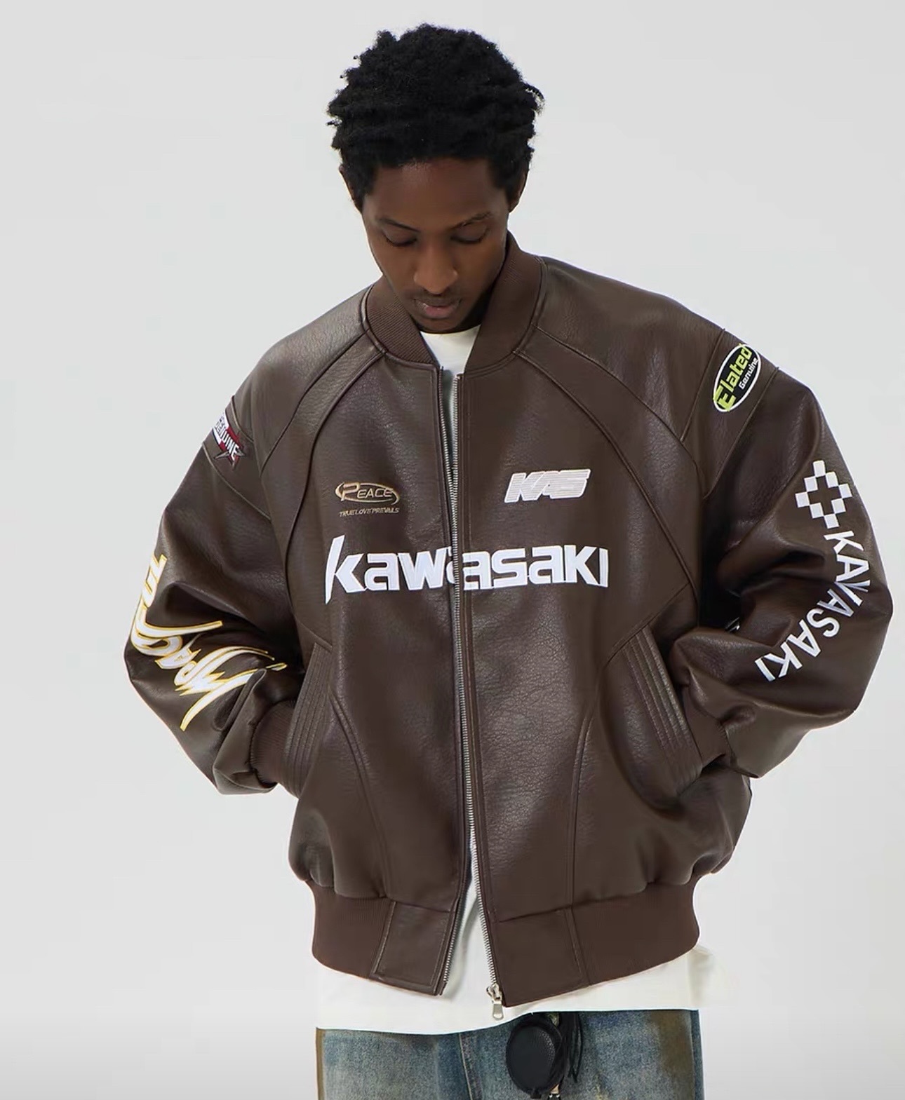 Kawasaki 川崎 美式復古美拉德 刺繡皮革飛行員 外套 兩色