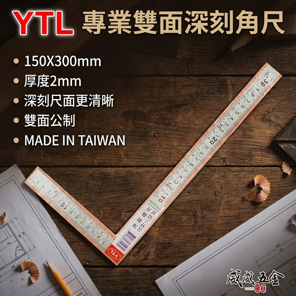YTL 台灣製｜厚度2mm 雙面厚版角尺 深刻尺面角尺 木工鐵工角度尺 曲尺｜150X300mm｜雙面-公分
