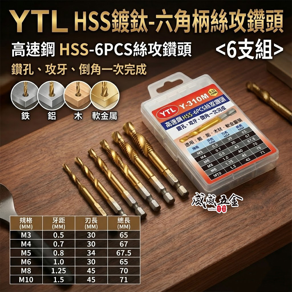 YTL｜整組 6支組 M3-M10｜高速鋼 HSS 六角鍍鈦絲攻 鑽尾 六角軸攻牙鑽頭 TAP｜Y-310M
