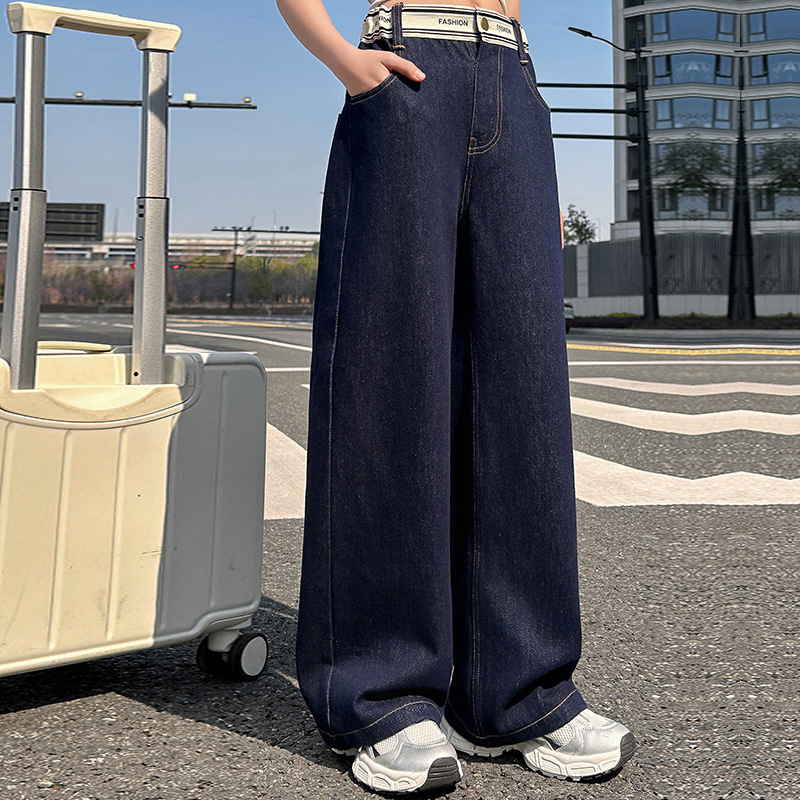 織帶腰鬆緊深藍牛仔褲 130-170cm