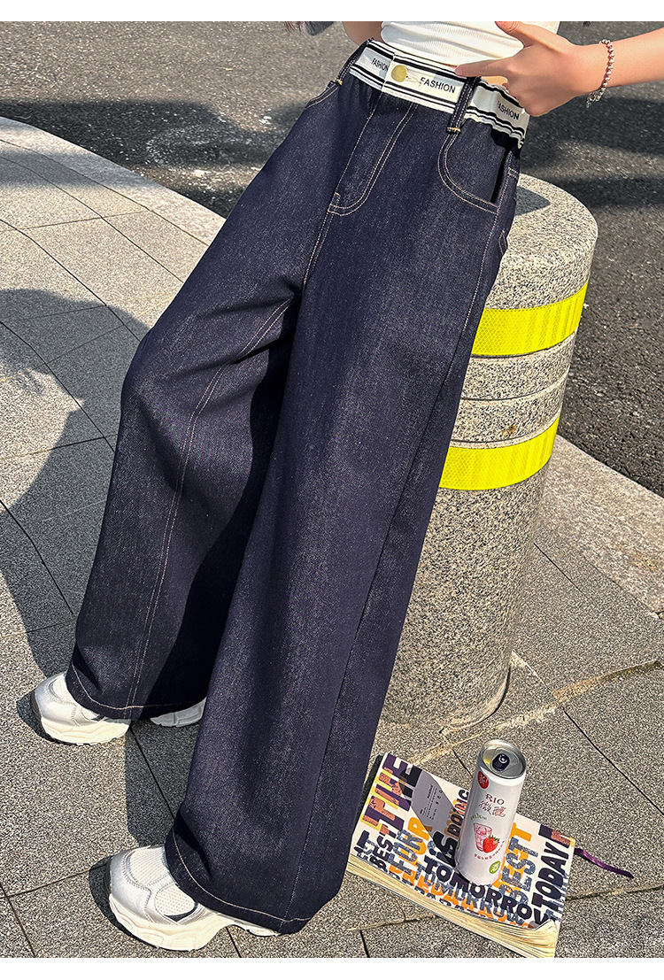 織帶腰鬆緊深藍牛仔褲 130-170cm