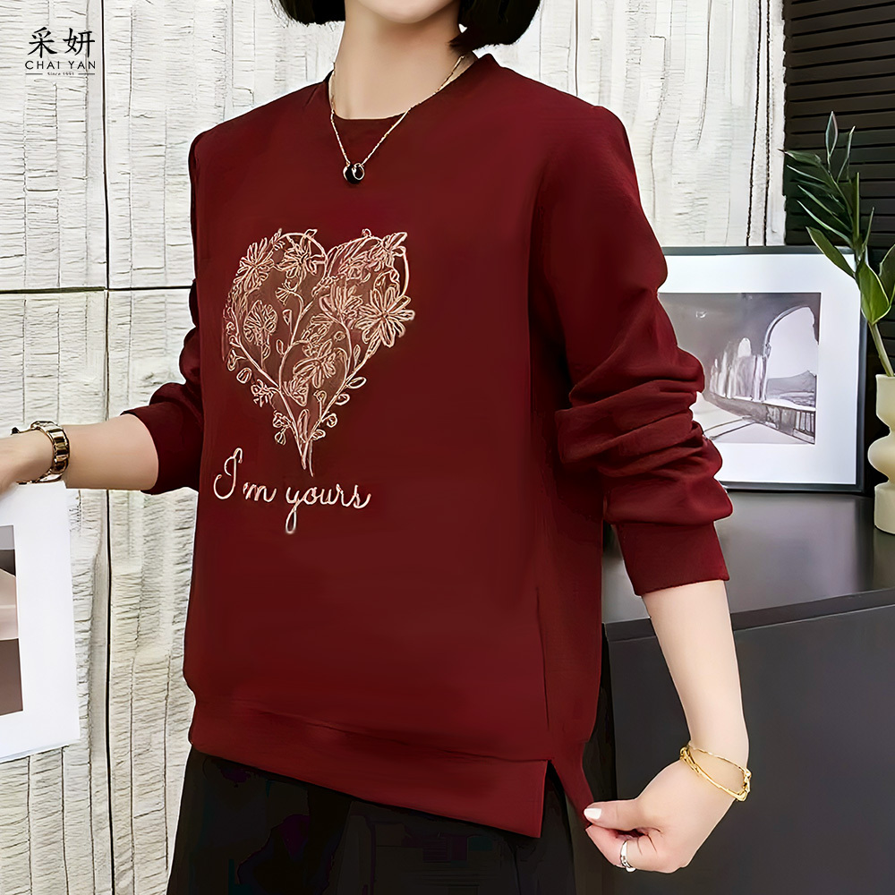 愛心植物異材質印花滑棉圓領長袖上衣