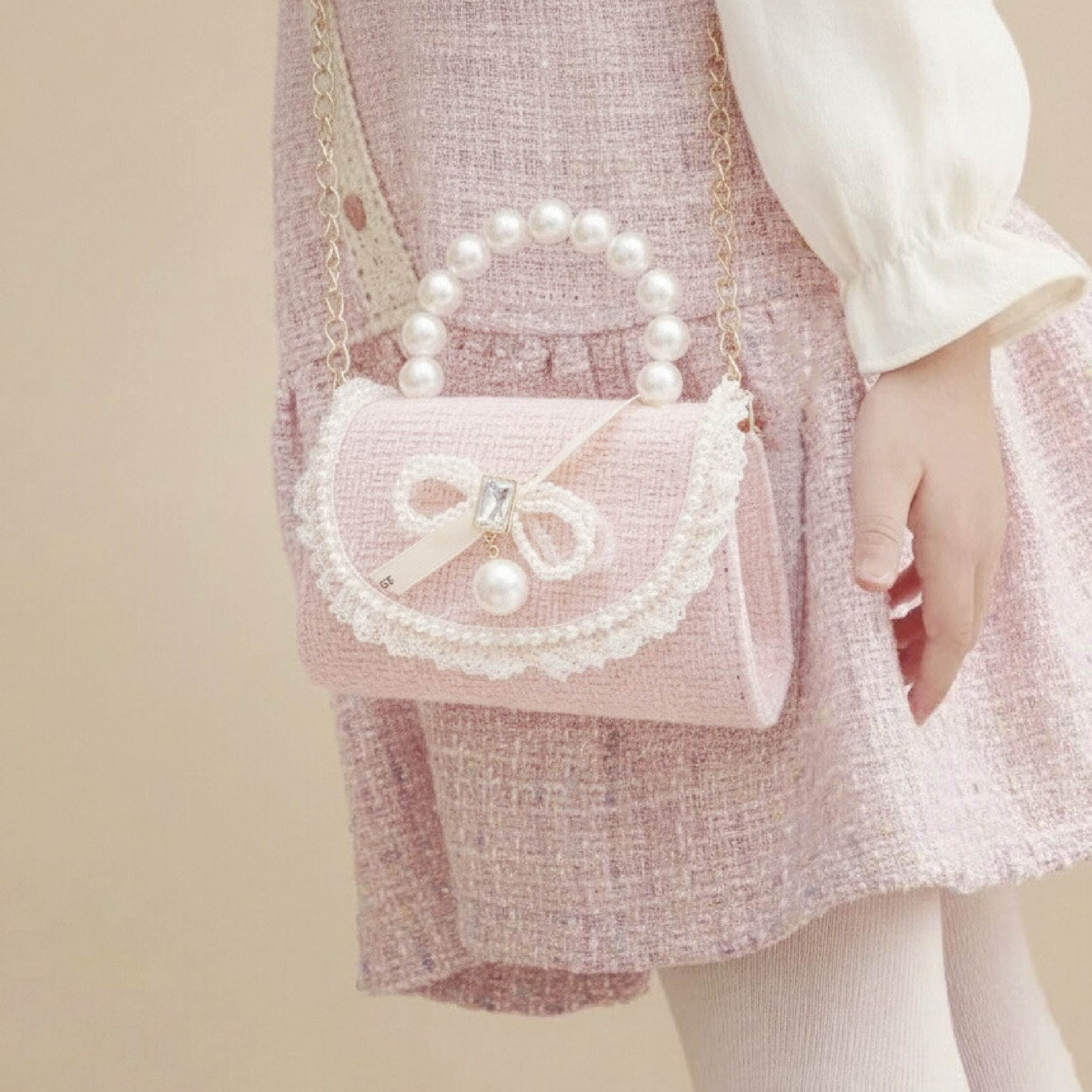 【JA2241】法式方鑽珍珠小提包/斜背包＊二色